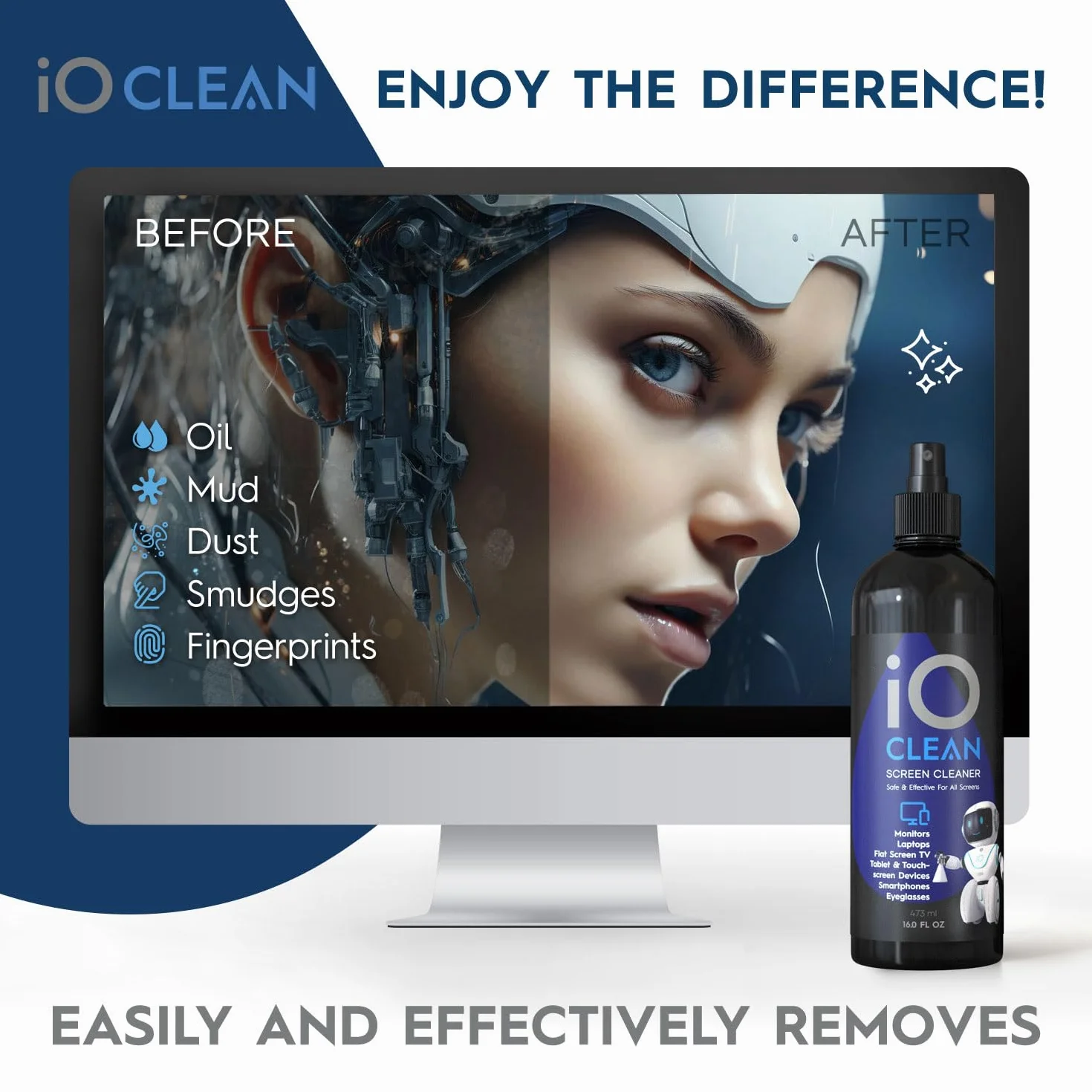 iO Clean Zestaw do Czyszczenia Ekranów (473 ml) do LCD, LED i OLED TV, Smartfonów, iPadów, Laptopów i Monitorów – Ściereczka z Mikrofibry