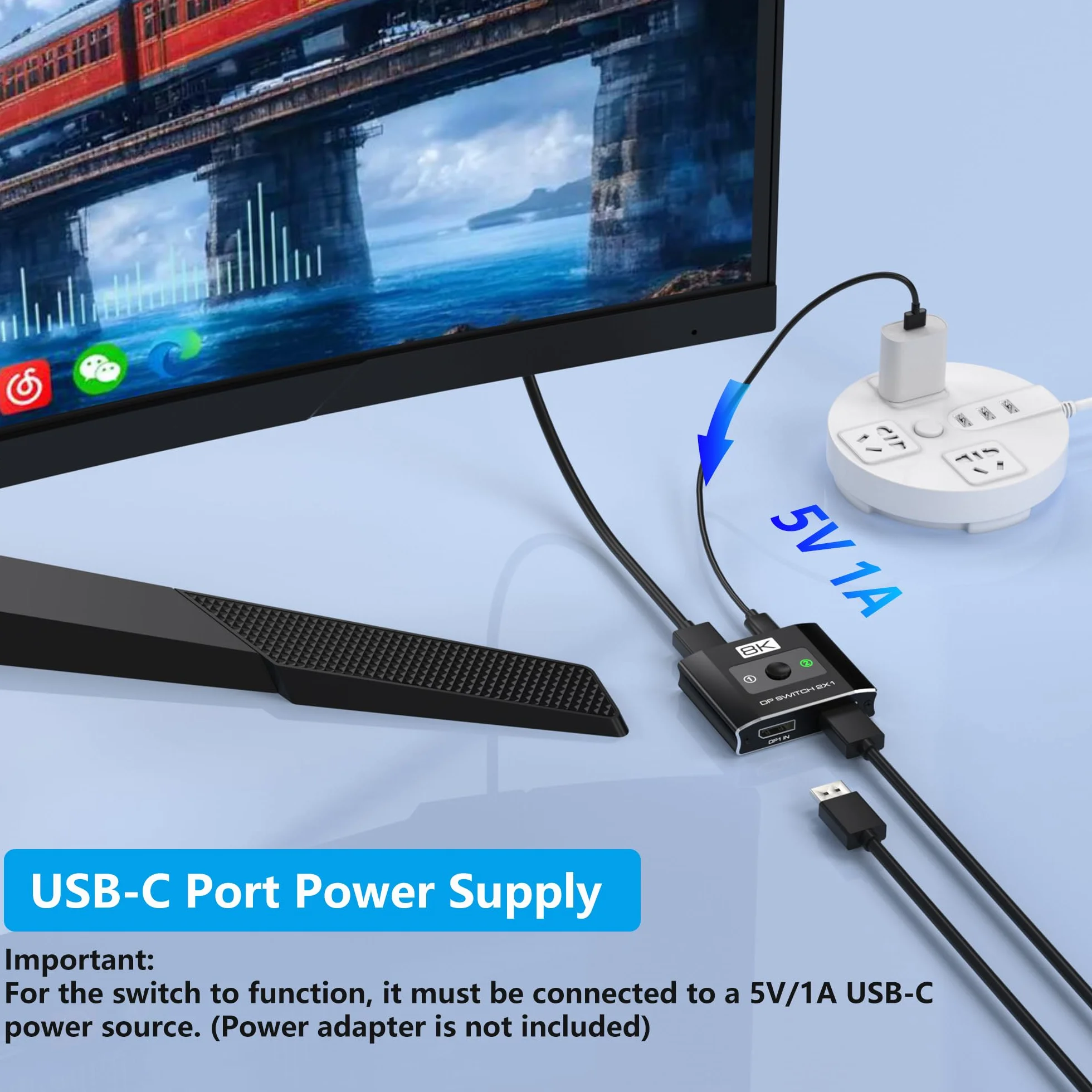 Przełącznik DisplayPort 2 w 1, przełącznik 8K przy 60 Hz DP 1.4 z obsługą DSC, 2 przełączniki komputerowe, jeden monitor, przełącznik portu wyświetlacza 4K przy 144 Hz do laptopów, komputerów