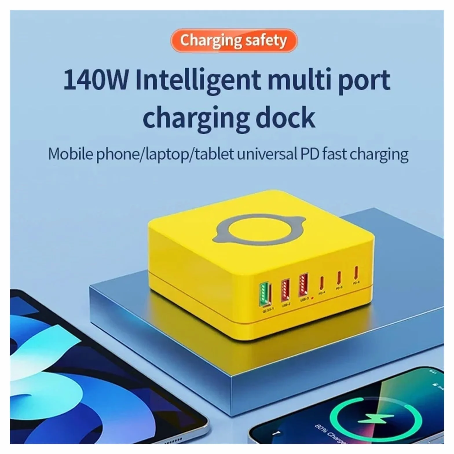 Stacja Ładująca USB 140 W Z 6 Portami Szybka Bezprzewodowa Podstawka QC PD3.0 Szybkie Ładowanie 65 Do Tabletu Laptopa MożLiwość Szybkiego łAdowania(Yellow)