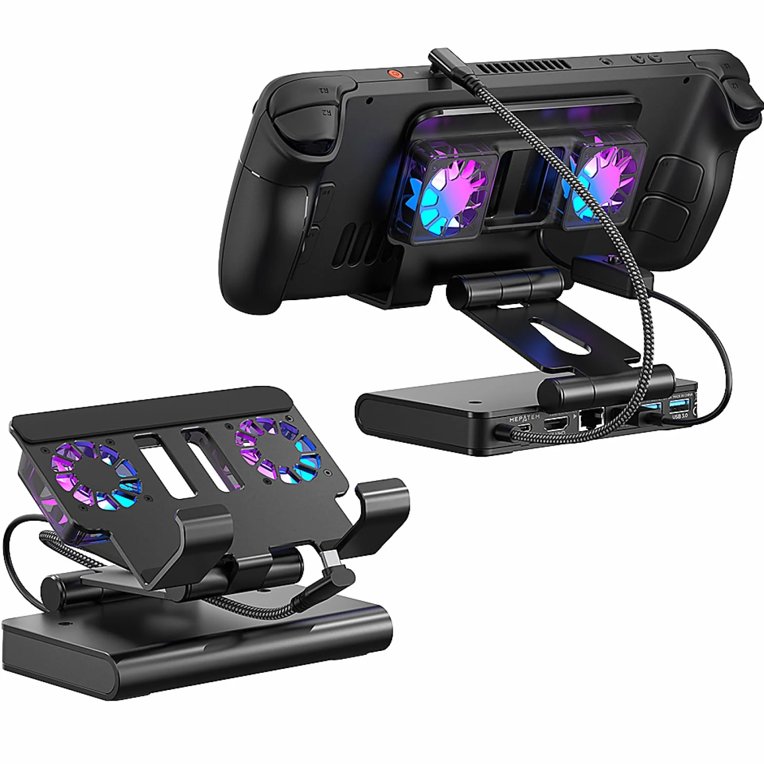 Stacja dokująca do ROG Ally X/Steam Deck/MSI Claw/Legion Go stacja dokująca z dwoma wentylatorami, 4K 144Hz HDMI 2.1 100 W PD USB 3.2 Gigabit Ethernet regulowany stojak (światło RGB)