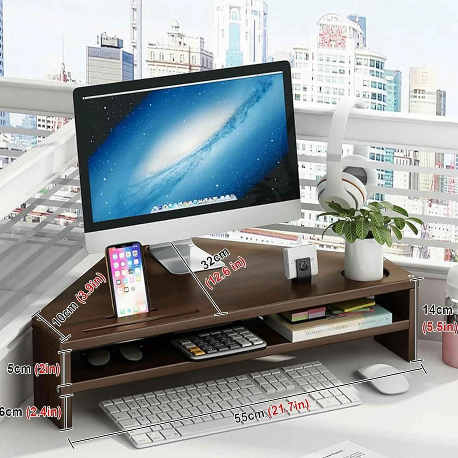 Monitoruj stojak z przechowywaniem 2-poziomowy stojak na monitor z zarządzaniem uchwytem telefonu i kablami Laptop Computer Desk Organizer Stand, For Home & Office,Walnut