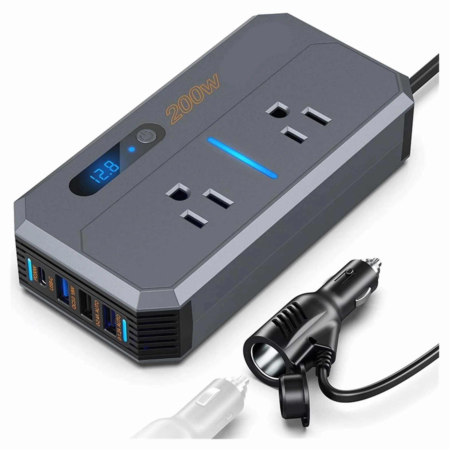 Falownik, 200W Inwerter samochodowy Zapalniczka samochodowa Szybkie ładowanie USB Konwerter zasilania Gniazdo PD Ładowarka samochodowa(7711-12V)