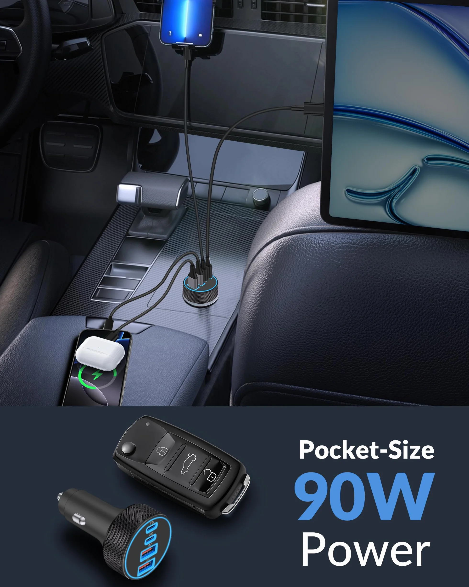 [2-pak] Ładowarka samochodowa USB C, 4 w 1 90 W szybkie ładowanie 4-portowe podwójne 45 W USBC i USB A ładowarka samochodowa Cargador Carro zapalniczka adapter do iPhone 16e 16 15 14 13 12 Pro Max