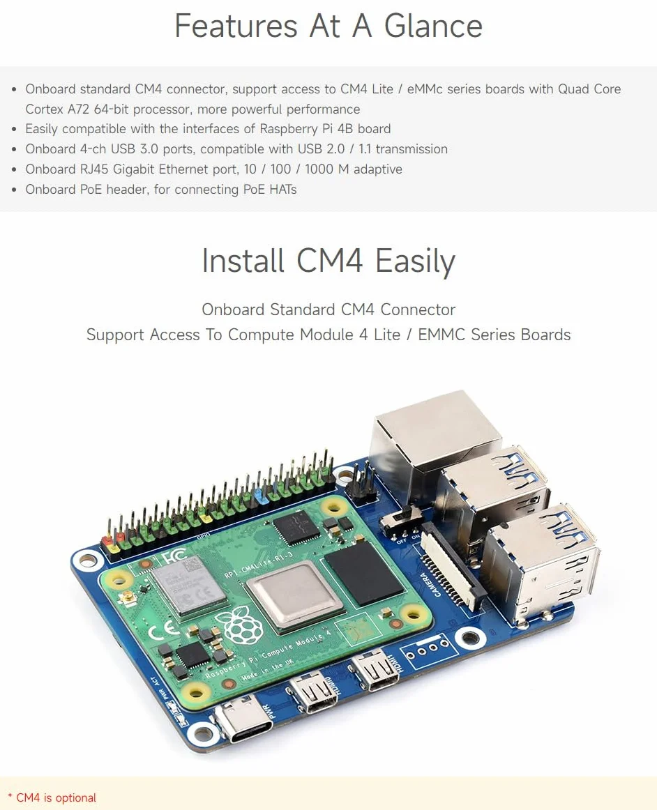 Waveshare CM4-to-Pi4-Adapter for Raspberry Pi CM4, Alternative Solution for Raspberry Pi 4B(Can be used as Pi 4B by combining the adapter with CM4)