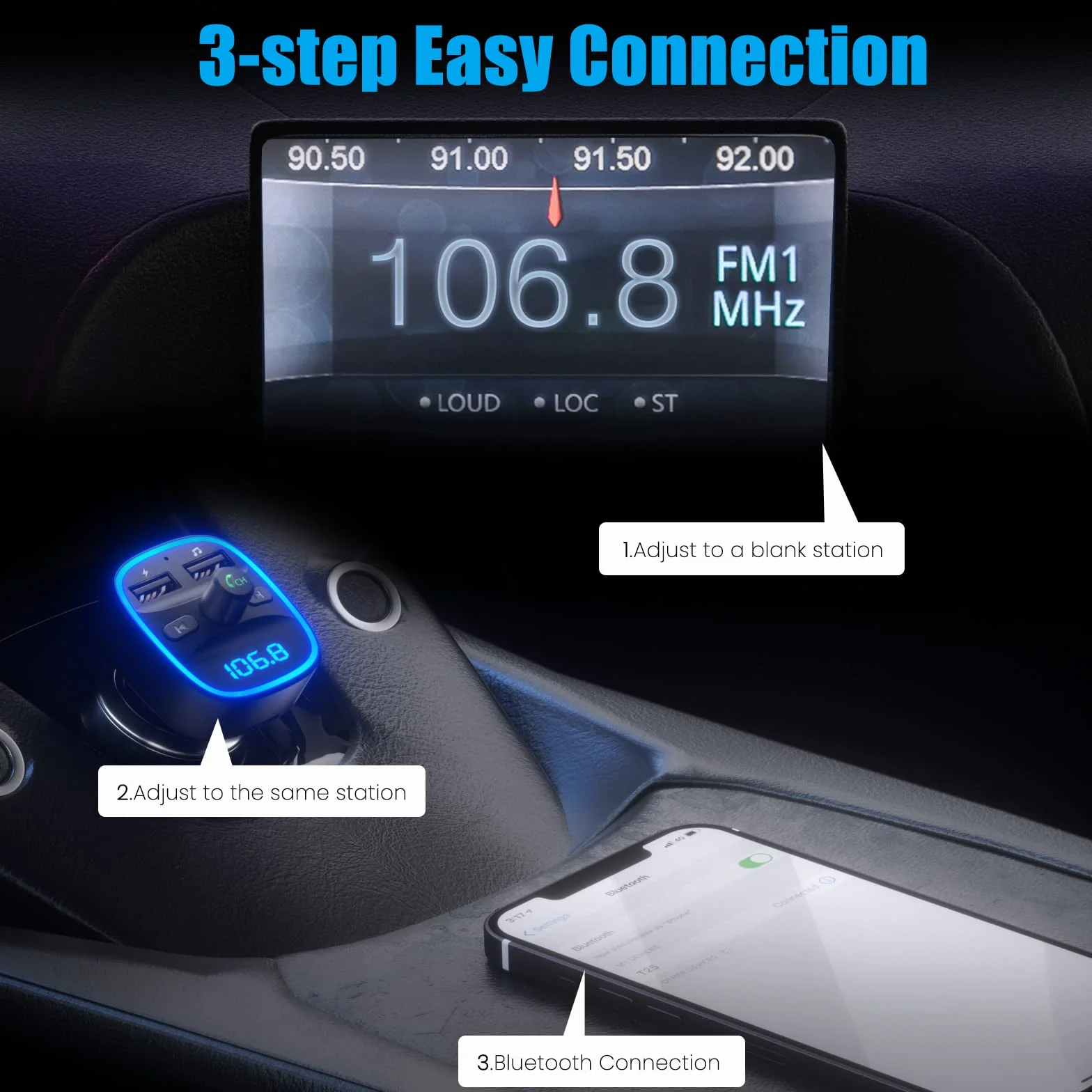 LENCENT 5.1 Samochodu Nadajnik FM Bluetooth, Nadajnik Bluetooth, Adapter Radia Samochodowego z Dwoma Portami USB, Zapalniczka Samochodowa z Zestawem Głośnomówiącym, Obsługa Dysków USB, Ciemnoszary