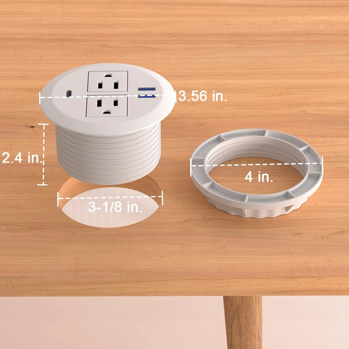 Wpuszczane przelotki zasilające, 7 cm, 20 W, szybkie ładowanie USB C.Fadossu na biurko, podtynkowe gniazdo zasilania z 2 gniazdkami AC, 3 porty USB, pasują do okrągłego otworu na biurko, przewód 16 cm