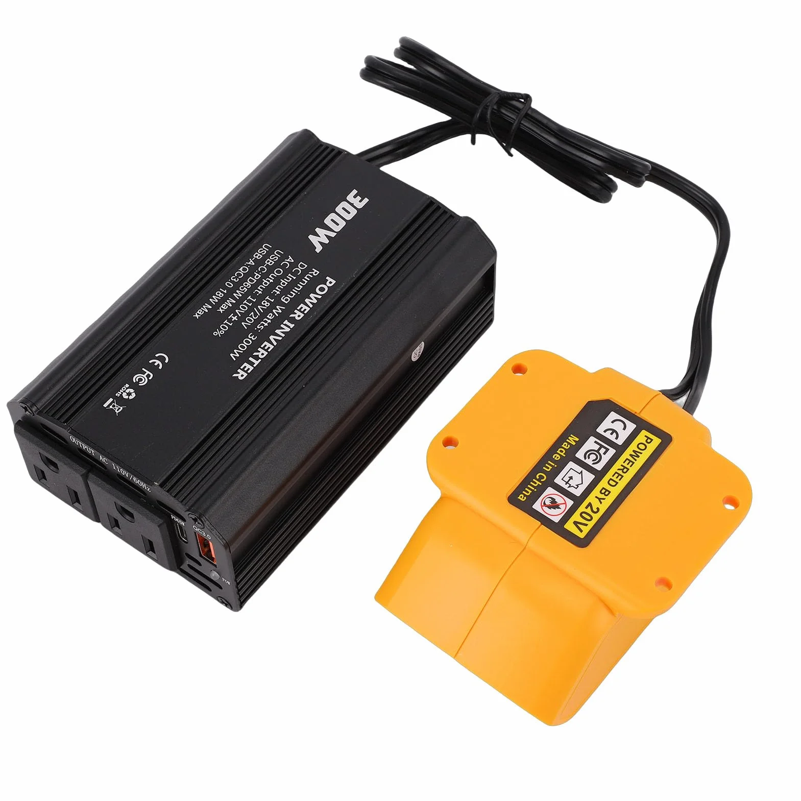Generic Inwerter Akumulatorowy o Mocy 300 W z 2 Gniazdami Prądu Przemiennego i 1 Portem USB A Pasuje do Akumulatora Konwertuje Zasilanie 18 V na Napięcie 110 V AC Idealny do Wycieczek Samochodowych