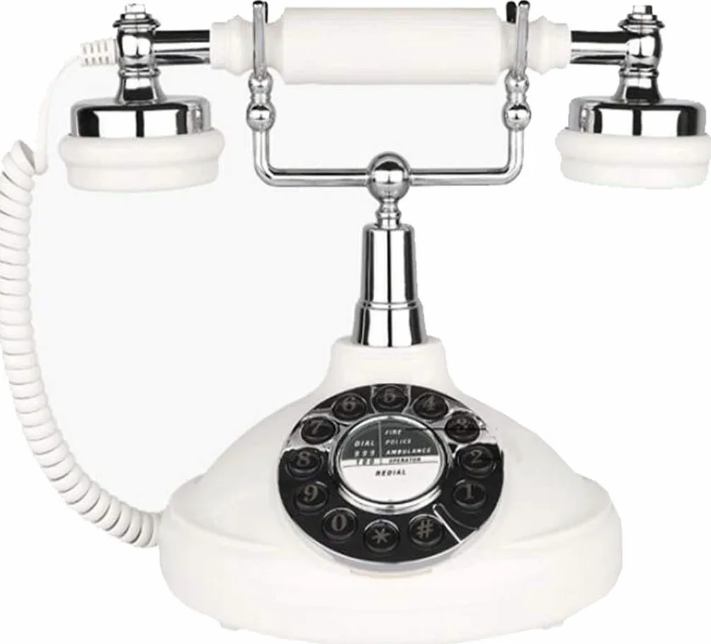 Klasyczny telefon retro, przewodowy telefon z przyciskami, dekoracja do biura, antyczny telefon stacjonarny – biały