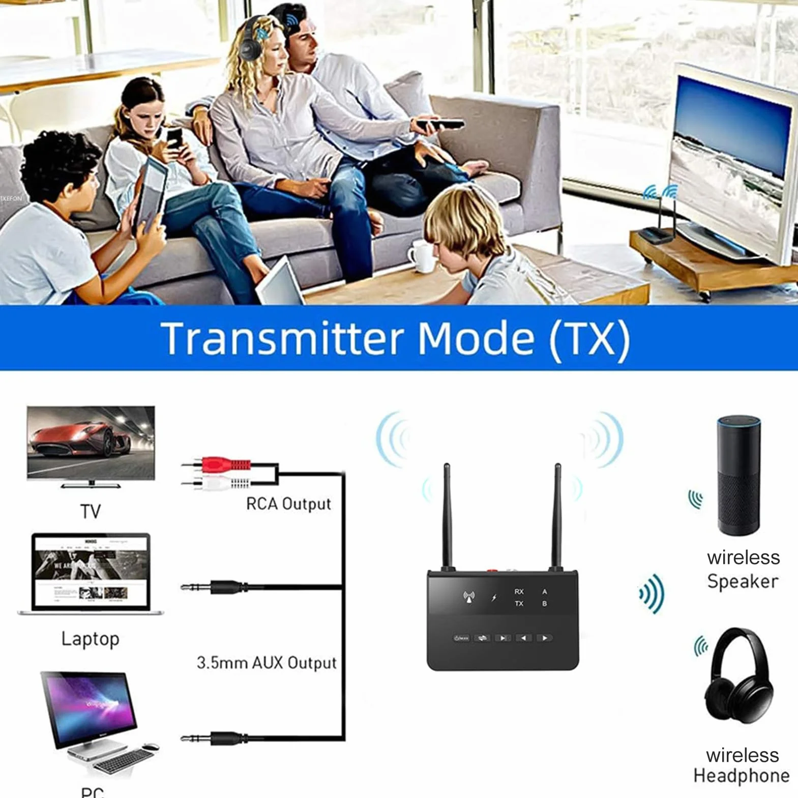 Odbiornik Nadajnika Bluetooth 5.2, Adapter Audio Bluetooth 2 w 1 AptX o Niskim Opóźnieniu HD, Port AUX 3,5 Mm, do Telewizora Domowe Słuchawki Stereo BT