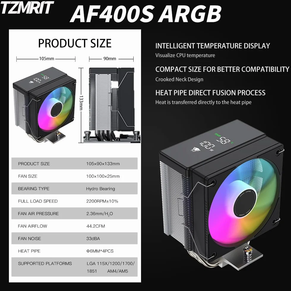 TZMRIT AF400S DGT ARGB CPU Cooler with Temperature Display, for Intel LGA 1700/1200/115X/1851, for AMD AM4/AM5 (DIGITAL)