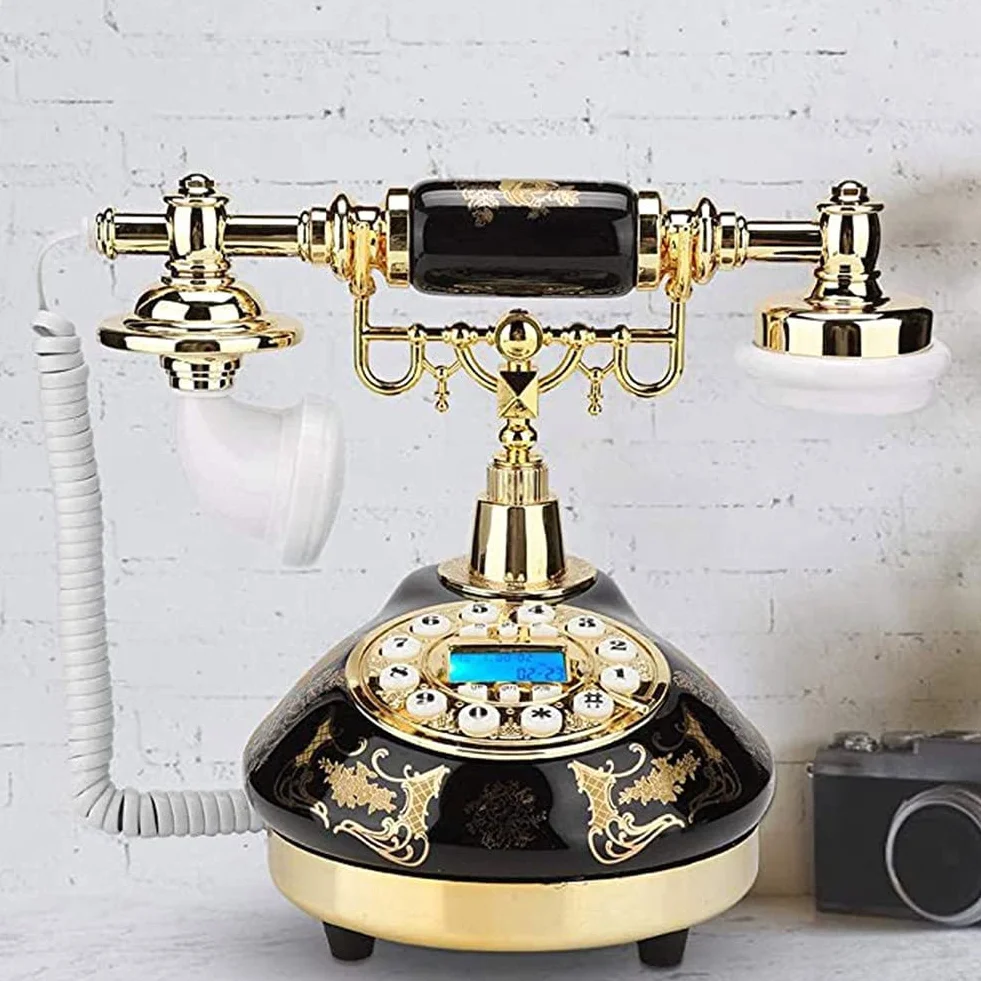 Vintage Retro Telefon Ceramiczny, Czarny i Złoty Kwiatowy Design Antyczna Dekoracja Domu Telefon Biurowy