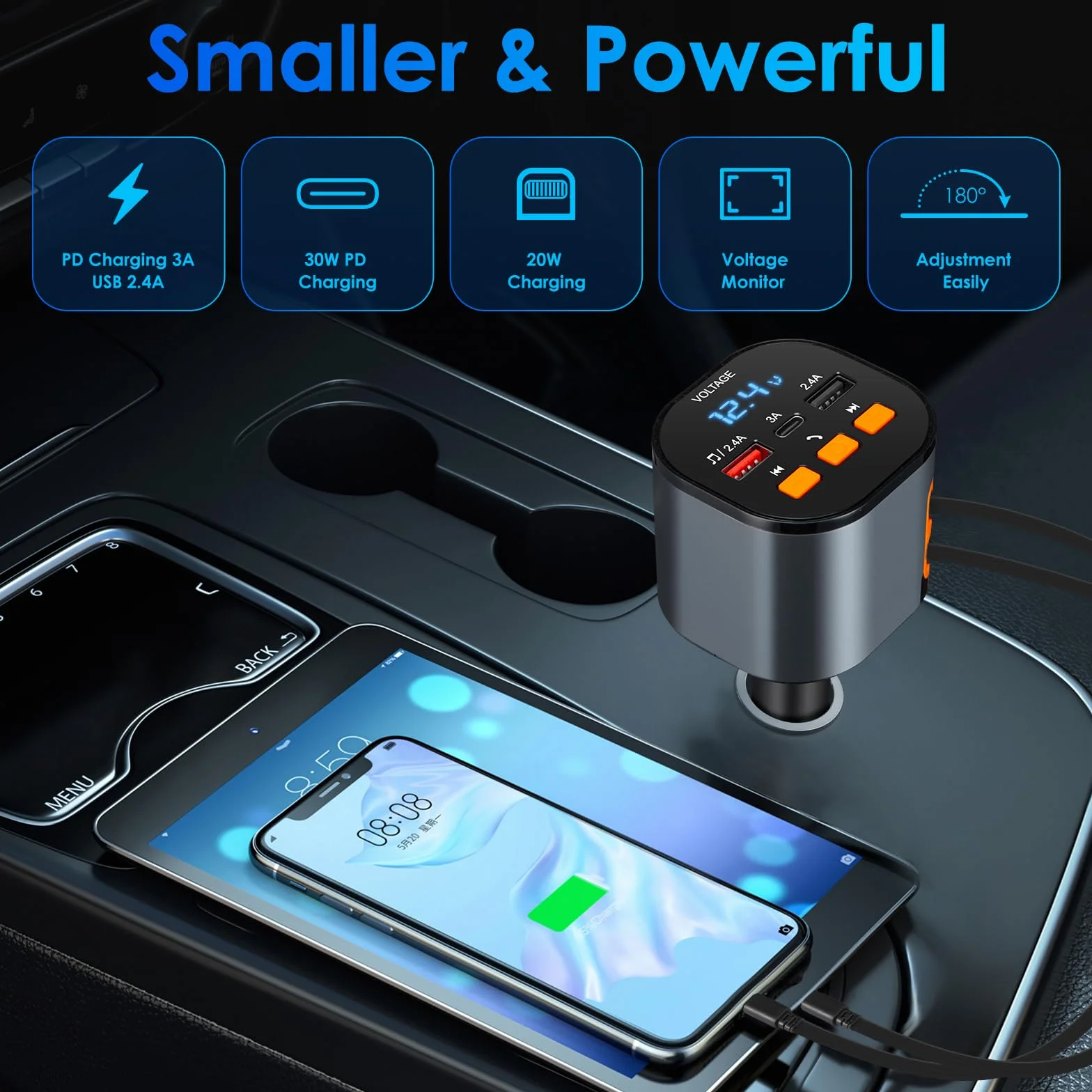 Wysuwana ładowarka samochodowa, szybka ładowarka do telefonu 5 w 1, szybka ładowarka do telefonu 90 W, adapter nadajnika FM Bluetooth 5.3, połączenia bez użycia rąk, 2 chowane kable i ładowarki USB do