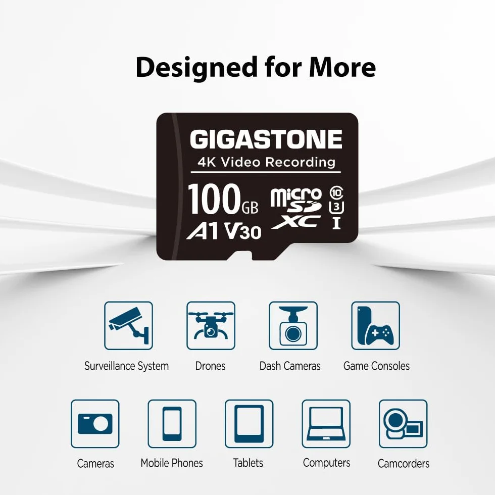 GIGASTONE Karta micro SD A1 V30 4K 100 GB, nagrywanie wideo, kompatybilna z kamerą bezpieczeństwa, kamerą pokładową, dronem, kartą pamięci microSDXC 100 MB/s UHS-I z adapterem