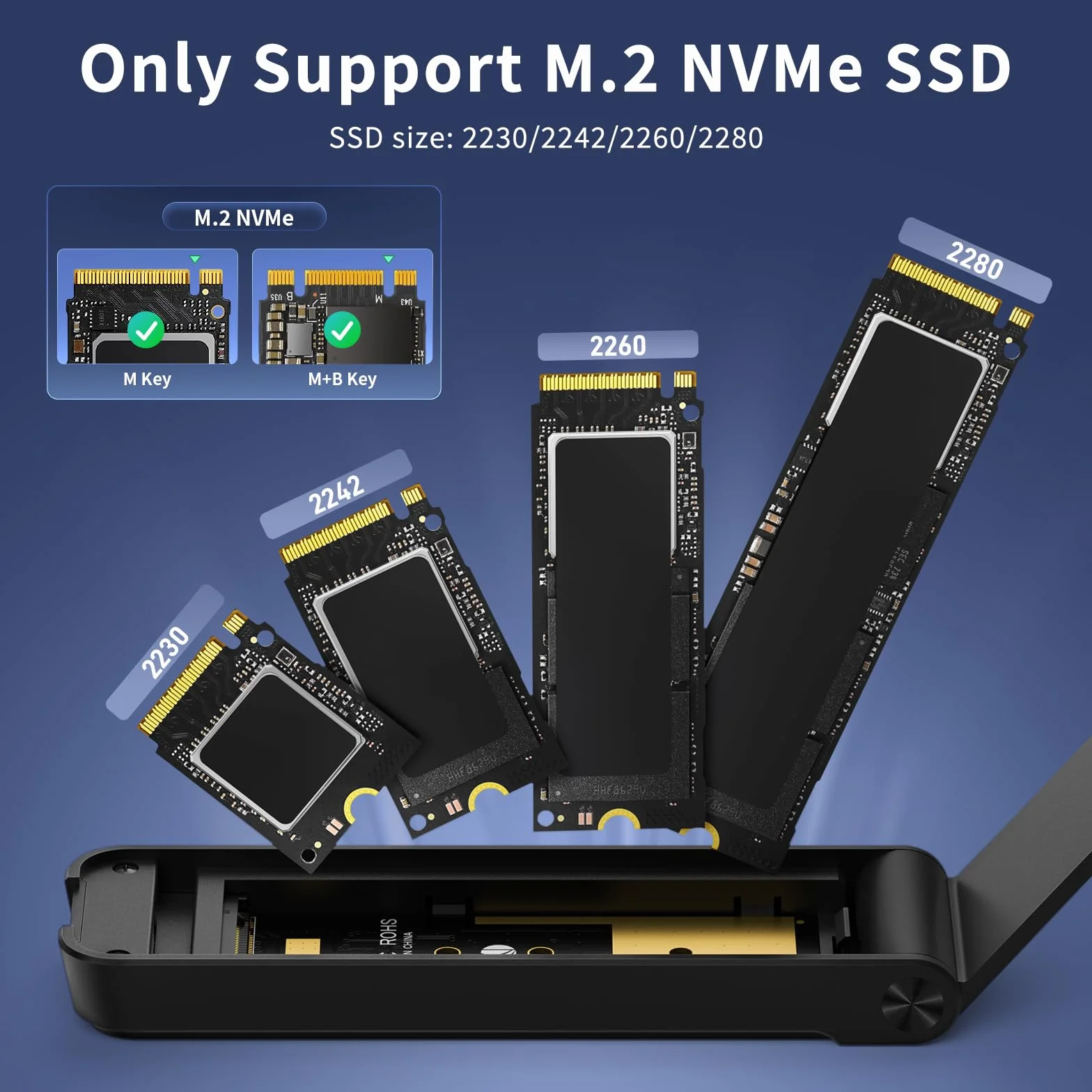 Obudowa M.2 NVMe SSD, adapter USB 3.2 Gen 2 10 Gbps, konstrukcja w stylu sandwich, instalacja bez użycia narzędzi, obsługuje UASP i Trim, niekompatybilna z dyskiem SSD M.2 SATA