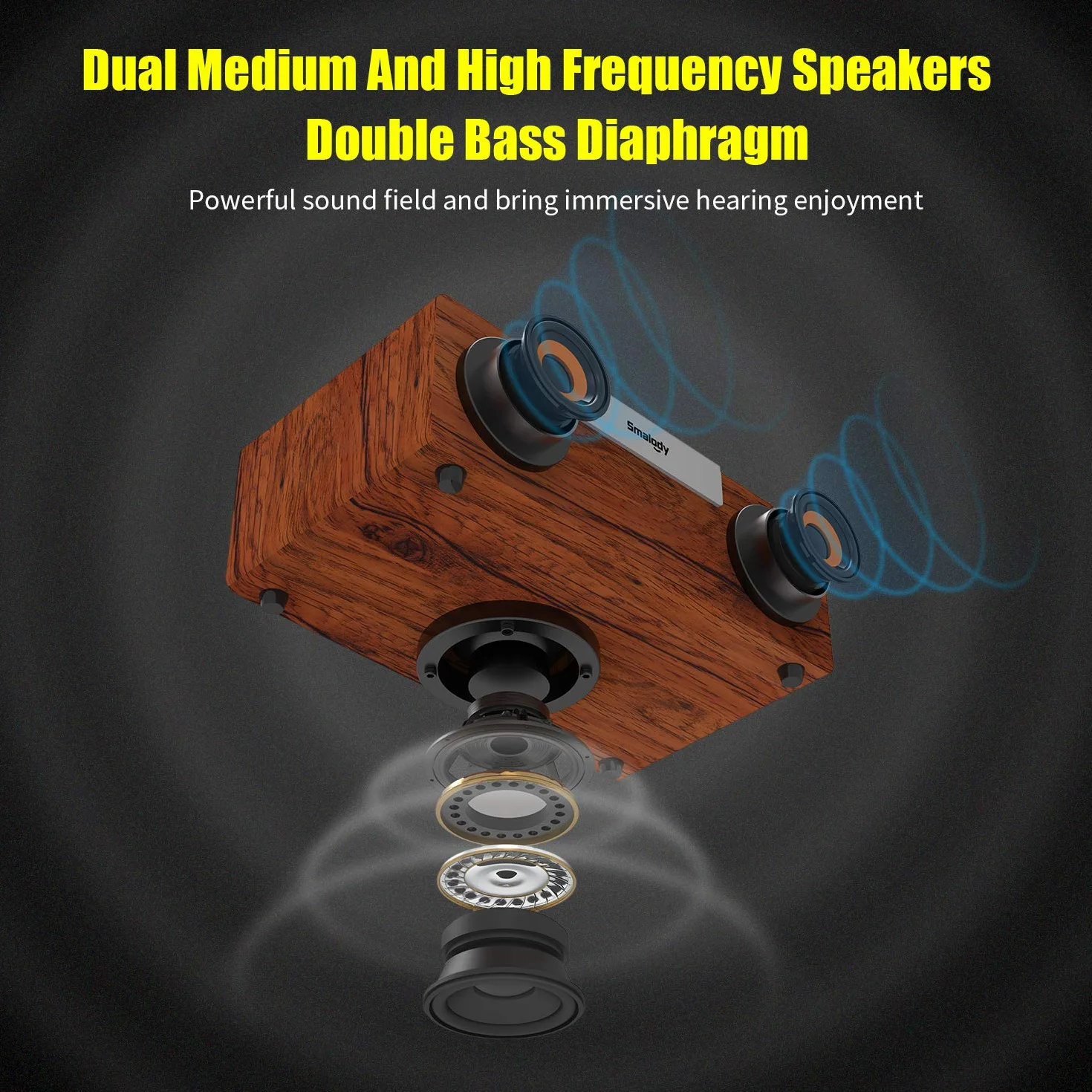 Shocking Bass Głośnik Bluetooth, Smalody Potężny 50W 2.1HD Stereo Subwoofer Drewniane bezprzewodowe przenośne głośniki na zewnątrz/do gier/komputera/telefonu/laptopa/projektora