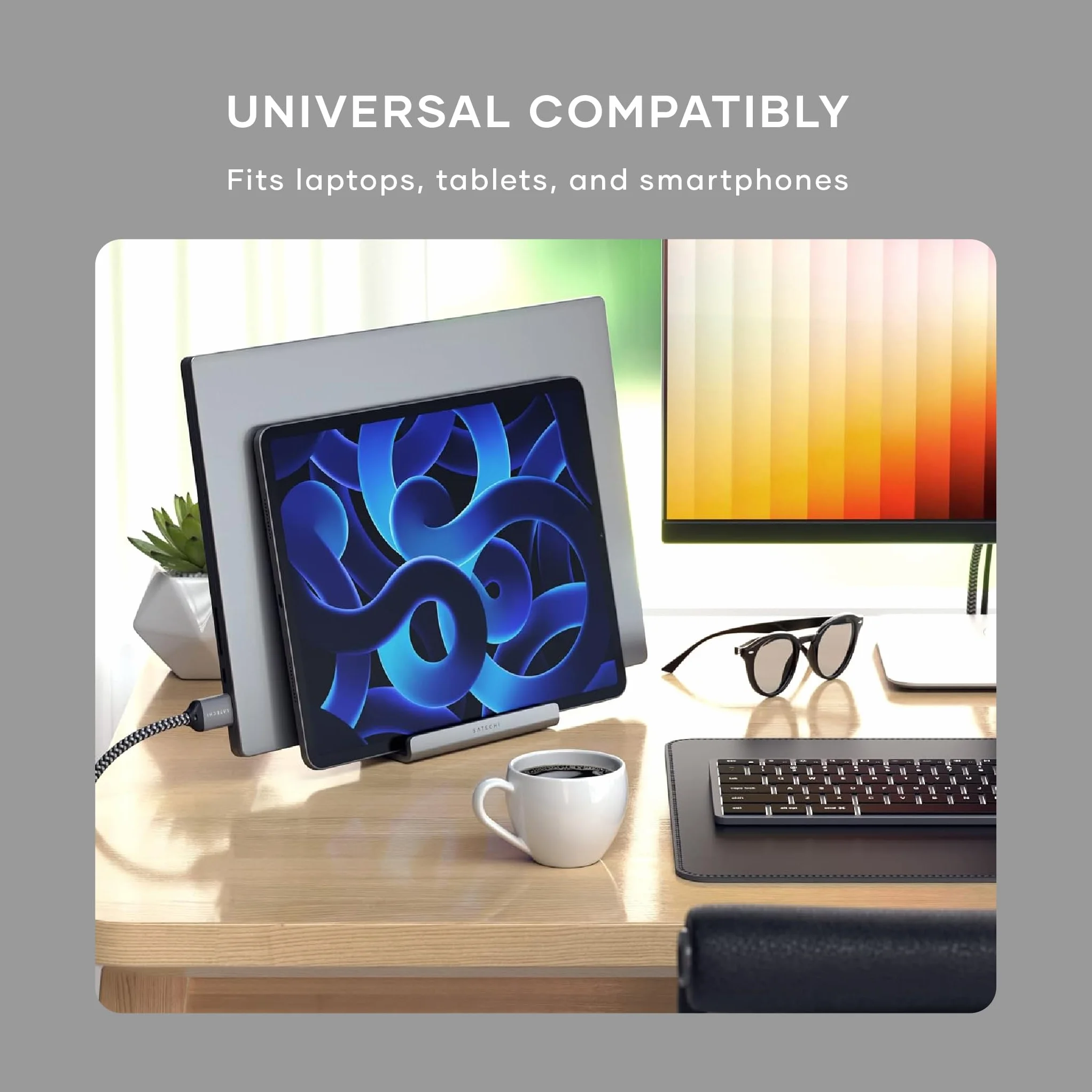 SATECHI Podwójny Pionowy Stojak Aluminiowy, Uniwersalna Kompatybilność z MacBook Air i Pro M5 M4, iPad Air i Pro M5 M4, iPad Mini, iPhone 17 i Innymi