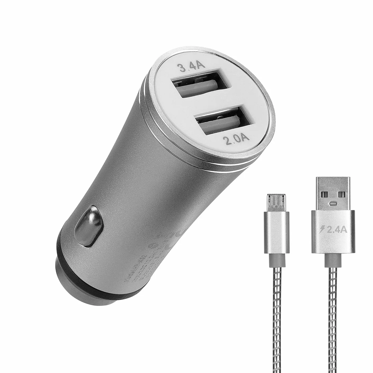 Hytech HY-X62 3,4 A kabel micro USB do szybkiego ładowania 2 USB metalowa ładowarka samochodowa srebrna