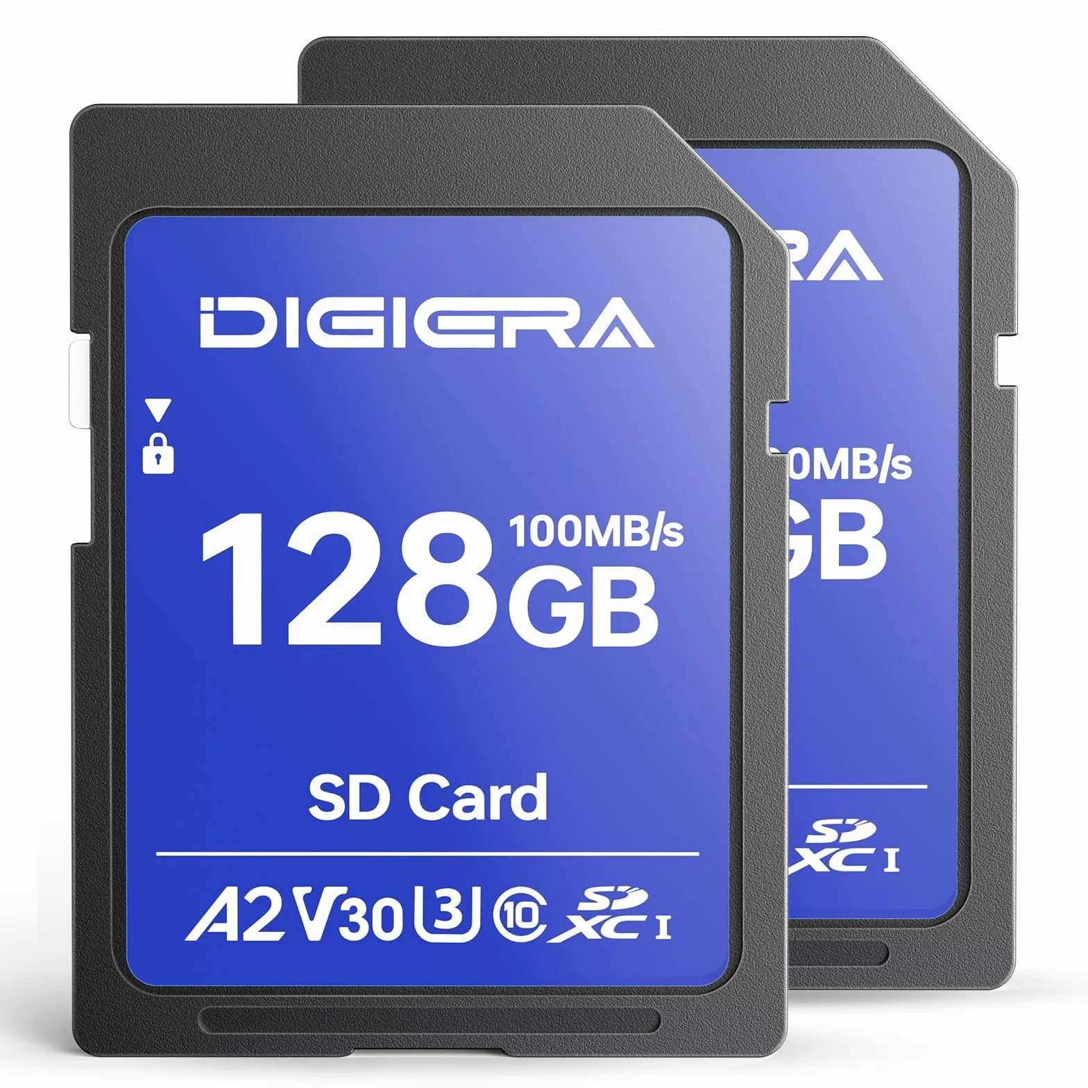 DIGIERA Karta pamięci 128 GB CS100 SDXC UHS-I – do 100 MB/s, C10, U3, V30, 4K UHD, karta SD do komputerów, aparatów cyfrowych, urządzeń kina domowego, systemy nawigacji samochodowej (2 sztuki)