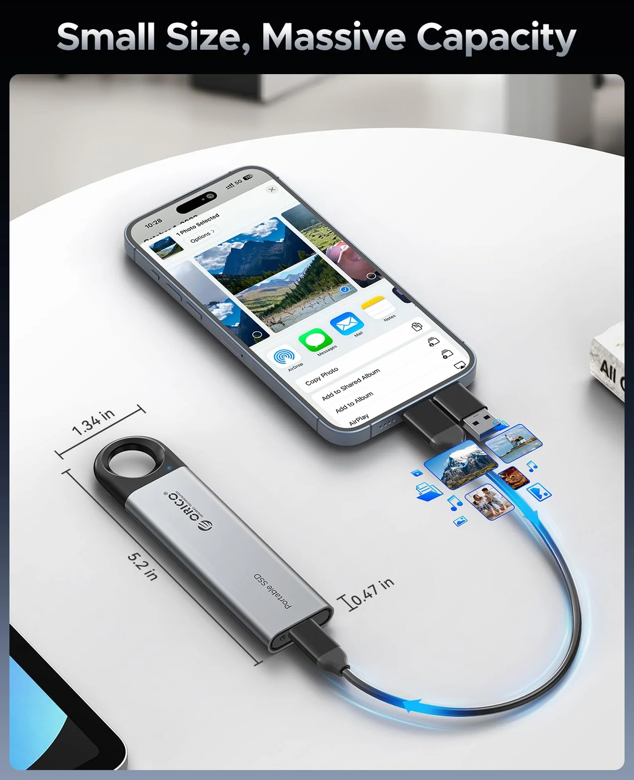 ORICO Zewnętrzny dysk SSD 512 GB do 500 MB/s, przenośny dysk półprzewodnikowy, Plug and Play, kabel USB C i A 2 w 1, niezawodne przechowywanie smartfonów typu C, tabletów, laptopów - C5