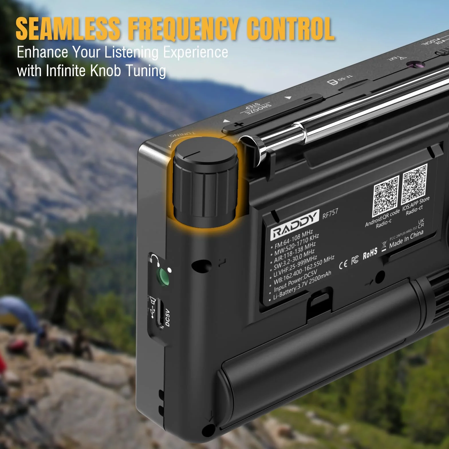 Raddy RF757 radio, sterowanie przez aplikację, radio krótkofalowe, przenośne radio z odbiorem AM/FM/SW/VHF/UHF/CB/AIR, bateria 2500 mAh, 1000 predefiniowanych stacji, słuchawki, przewodowa antena