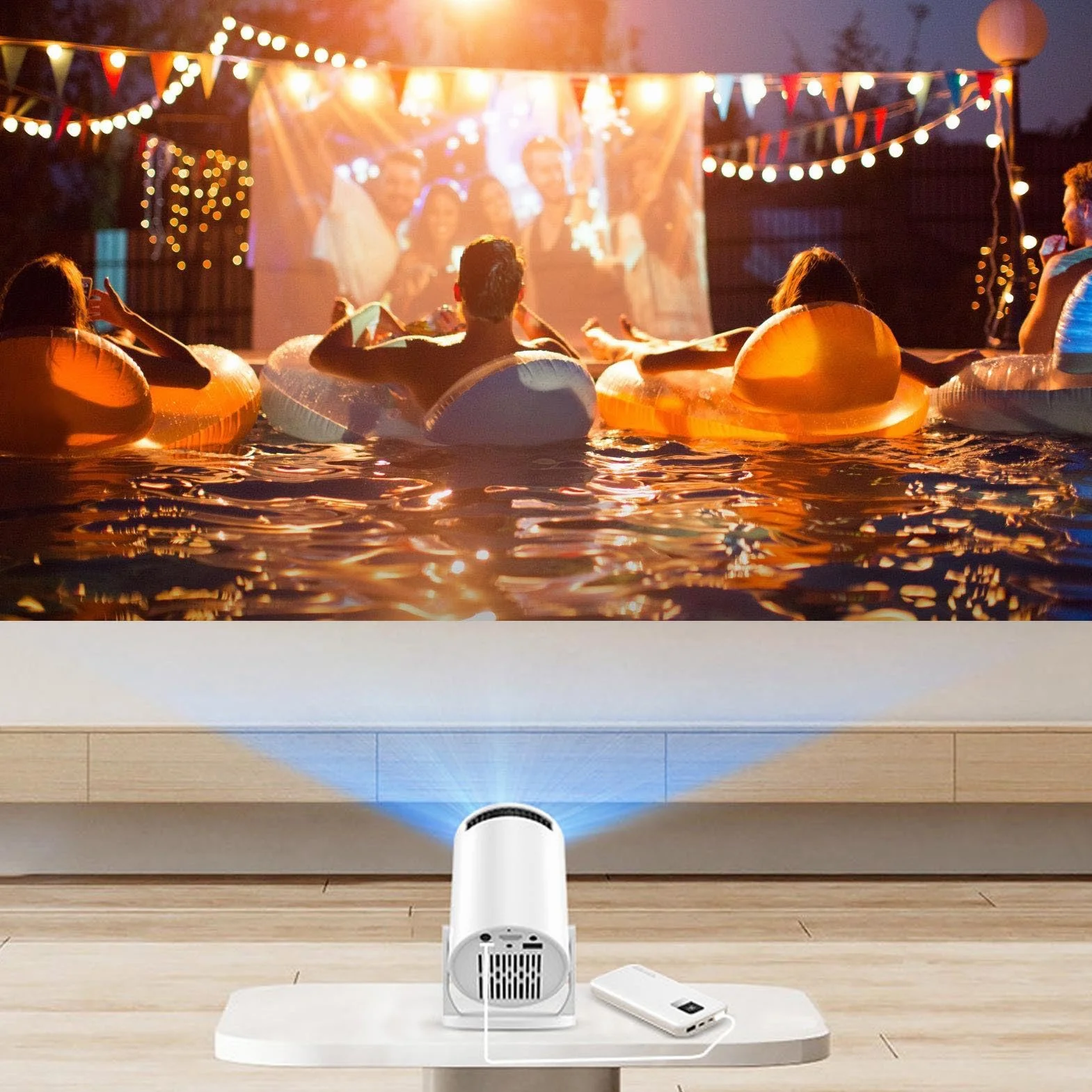 ASHATA Projektor z Wi-Fi i Bluetooth, Projektor o Niskim Poziomie Hałasu, Obrót o 240°, Elektryczna ostrość, Pionowa Korekcja Trapezowa, Wiele Portów, Mini Przenośny Projektor Wideo HD