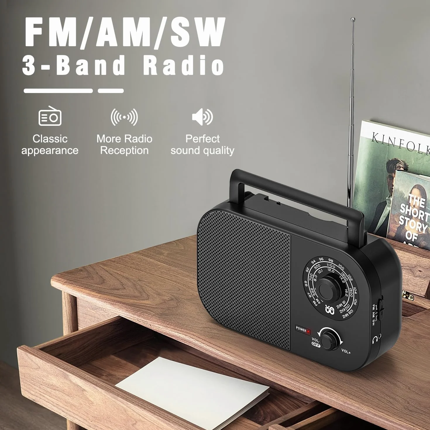 Przenośne radio AM, FM, SW, FM, Zasilanie Sieciowe i Bateryjne do Odbioru, Wbudowany Głośnik i Gniazdo Słuchawkowe do Użytku Domowego/na Zewnątrz/na Kempingu/w Nagłych Wypadkach