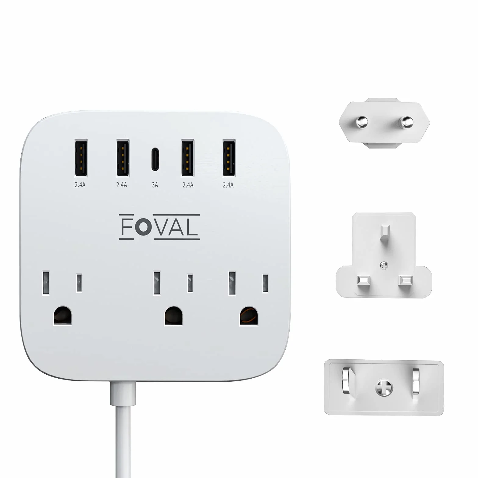 Europejski adapter podróżny FOVAL UE UK USA listwa zasilająca z USB C i 4 portami USB, 3 gniazda AC, montaż na ścianie, przedłużacz 1,5 m, kompaktowy do podróży, statku wycieczkowego, domowego biura
