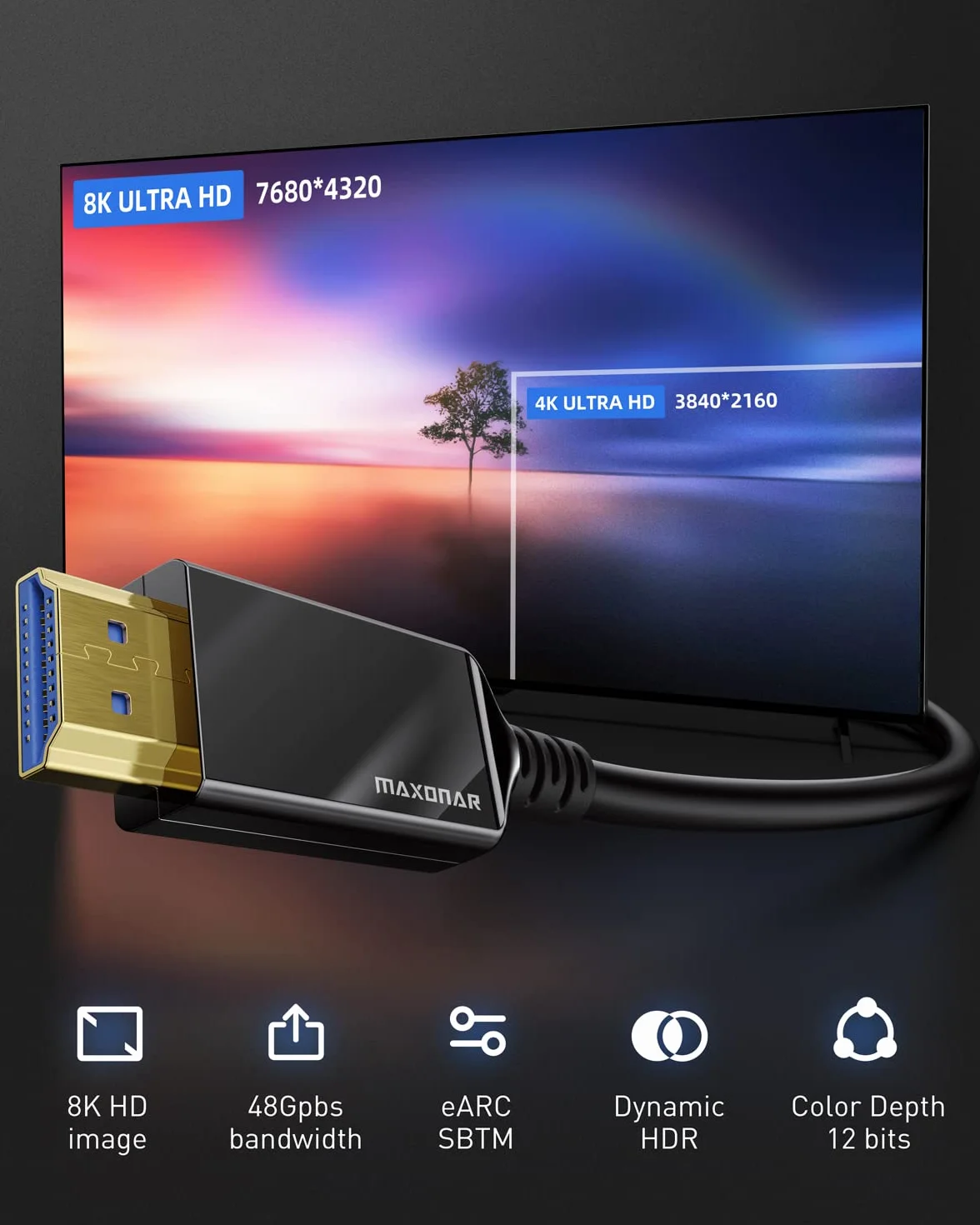 Maxonar kabel światłowodowy HDMI 8K 15M [Certyfikowany] Ultra szybki kabel HDMI® 8K60 4K120 144Hz 48Gbps CL3 HDCP 2.2 i 2.3 eARC HDR Dolby do PS5/Xbox Series X/Apple TV 4K, Roku TV