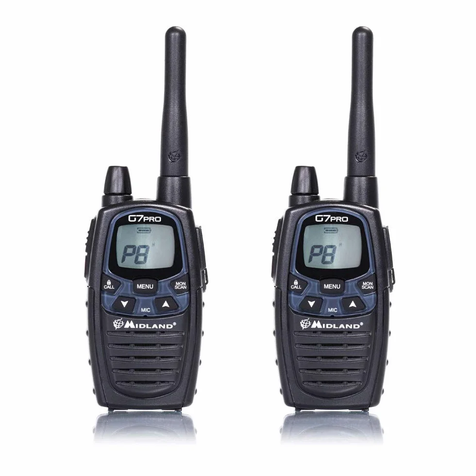Midland G7 Pro PMR+LPD C1090.06 wytrzymałe urządzenie do profesjonalnego lub prywatnego użytkowania, z wyświetlaczem LCD, łącznie z podwójną ładowarką i klipsami do paska, 2 sztuki w zestawie