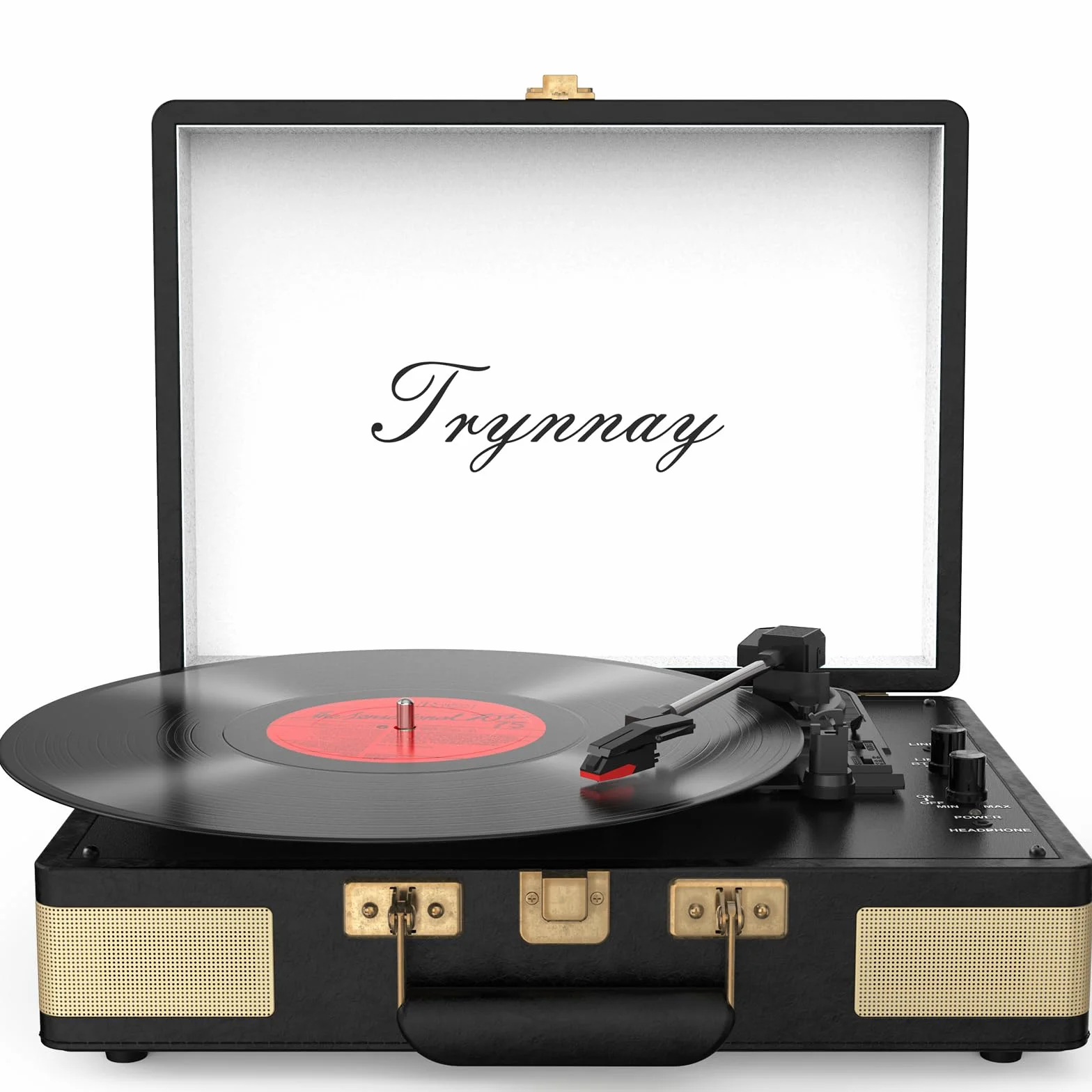 Trynnay Gramofon, 3-biegowy Bluetooth, przenośny odtwarzacz winylowy z wbudowanymi głośnikami, gramofon, ulepszony dźwięk audio, skóra PU, czarny vintage