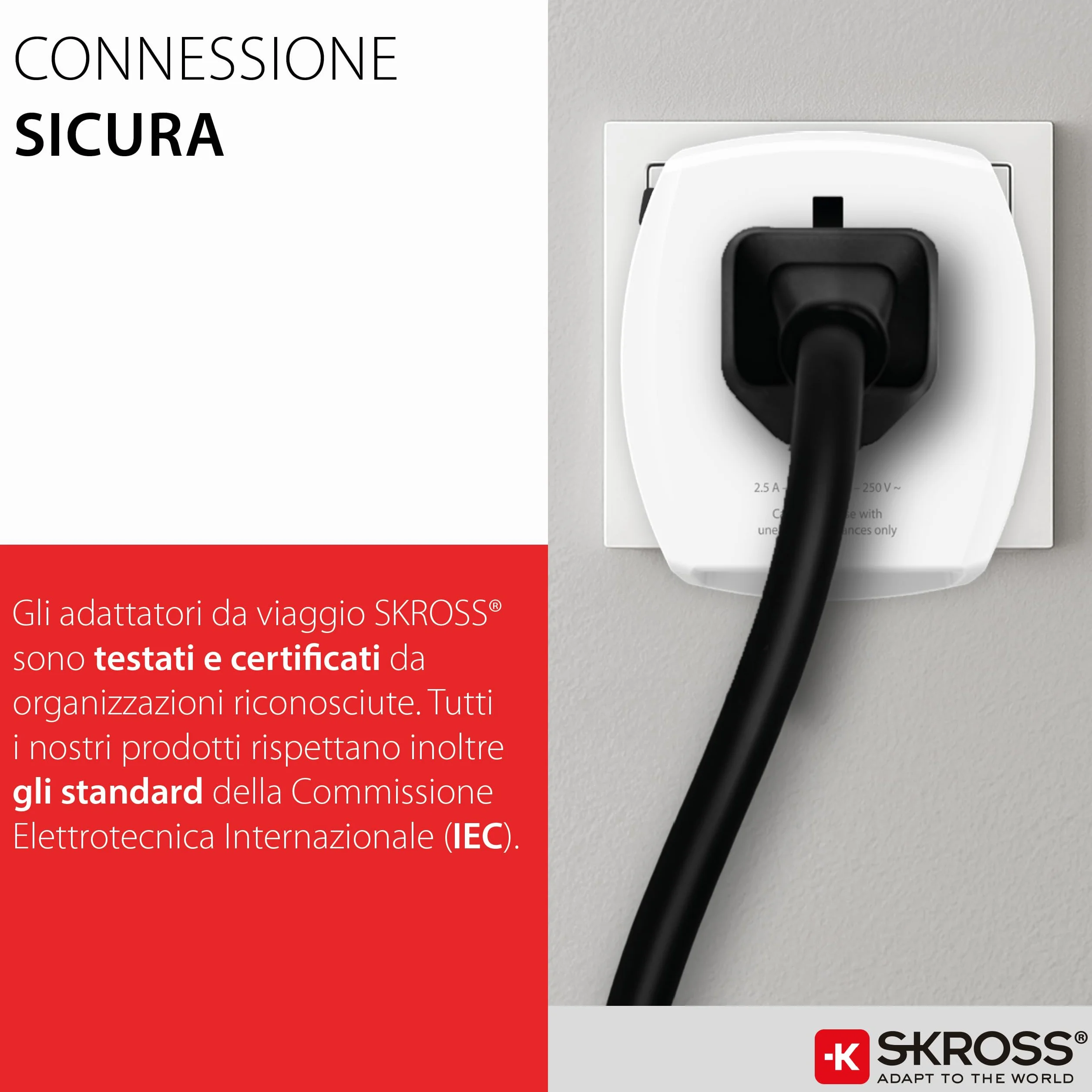 SKROSS | 1.302962 | MUV USB (AC) | Universele 2-pins reisadapter met 2 USB. Spanning en vermogen: 100V - 250W / 250V - 625W - 1 x USB C: 3,0A, 1 x USB A: 2,4A. Bescherming tegen elektrische schokken