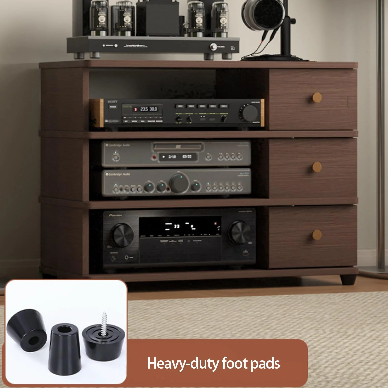 Regulowany Stojak na CD 4 Poziomy, Wielopoziomowy Organizer na Sprzęt Audio | 4-Poziomowe Rustykalne BrąZowe Rozrywki, łAtwe w MontażU, do Salonu i Sypialni(Brown)