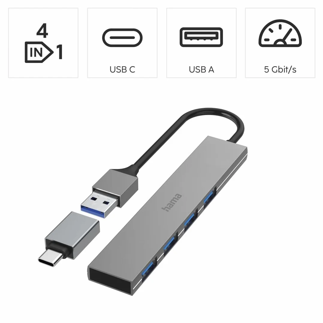 Hama hub USB A (4x USB-A, adapter USB C, USB 3.2, PD, power delivery, 5 Gbit/s, 100 W, ultra slim, stacja portów, rozdzielacz, multiport) antracyt