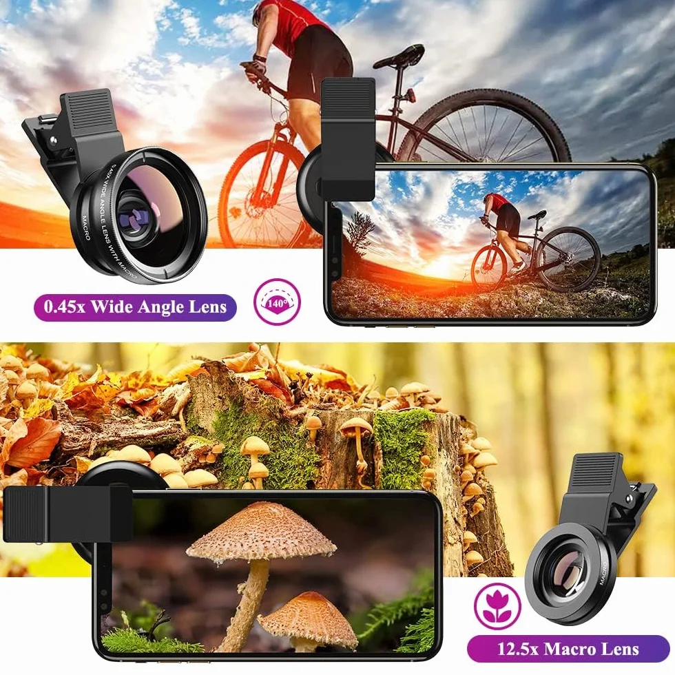 Uniwersalna soczewka aparatu do telefonu komórkowego 2 w 1 – obiektyw szerokokątny 0,45 x i obiektyw makro 12,5 x do smartfonów, 115 g, kompaktowa podwójna soczewka do profesjonalnych zdjęć