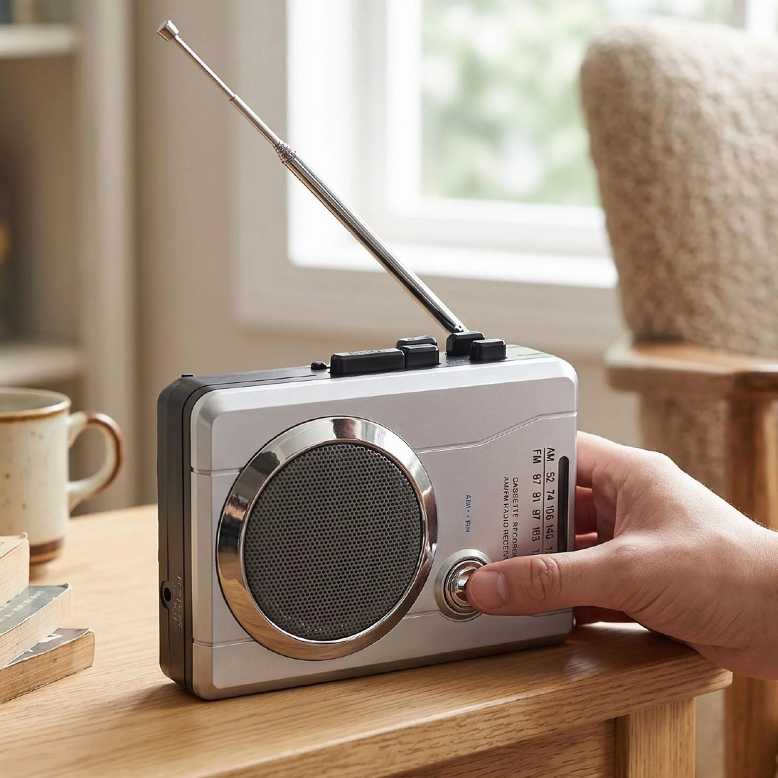Bewinner Radio AM FM w Stylu Retro z funkcją Automatycznego Cofania i Gniazdem Słuchawkowym | Magnetofon kasetowy ABS, przenośny odtwarzacz muzyki, zabytkowe urządzenie audio, słuchanie na zewnątrz, akcesorium do