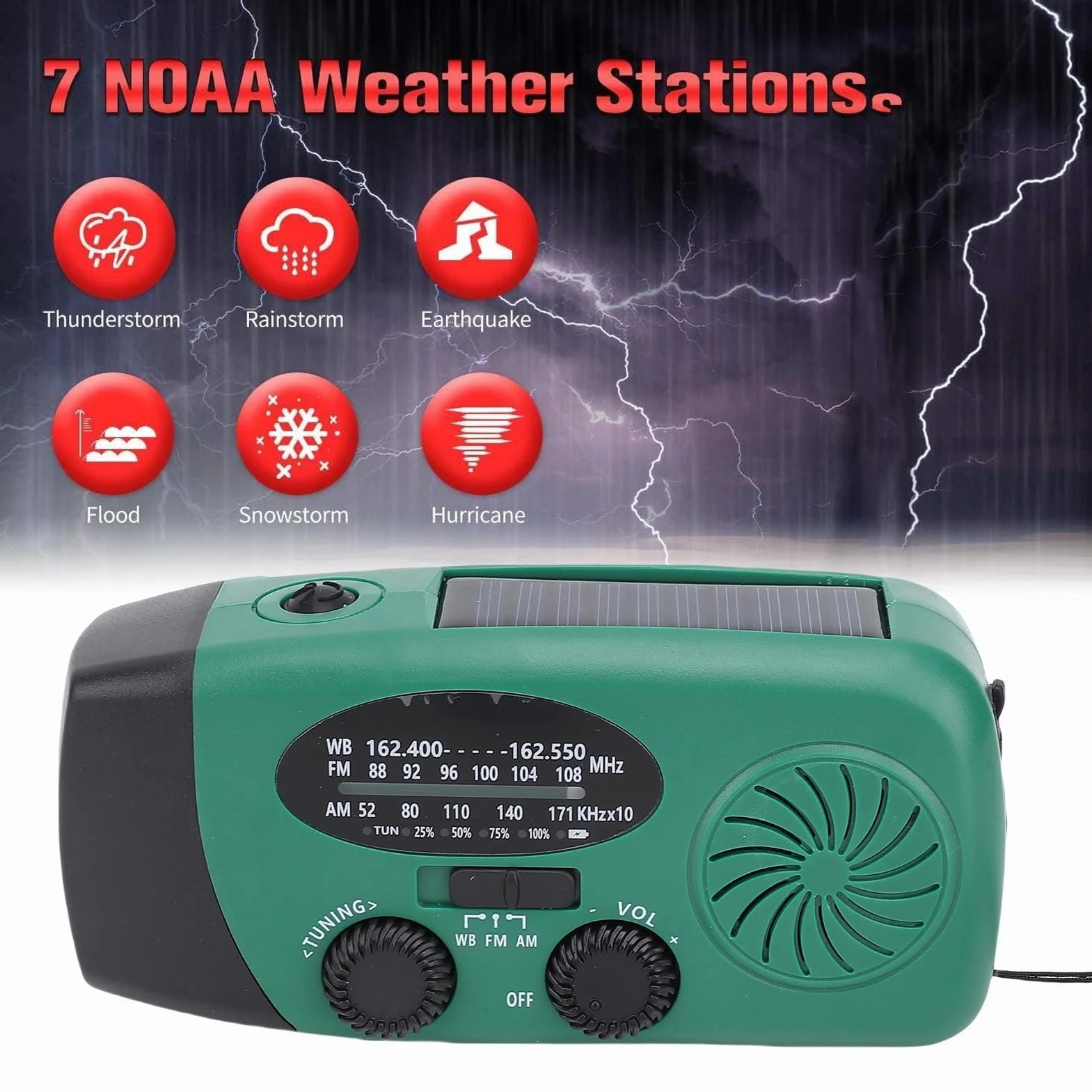 Radio Awaryjne z korbką ręczną Zasilane energią słoneczną, Radio z korbką ręczną i latarką LED do zastosowań Awaryjnych z ładowarką do Telefonu Power Bank o Pojemności 2000 MAh, (GREEN)