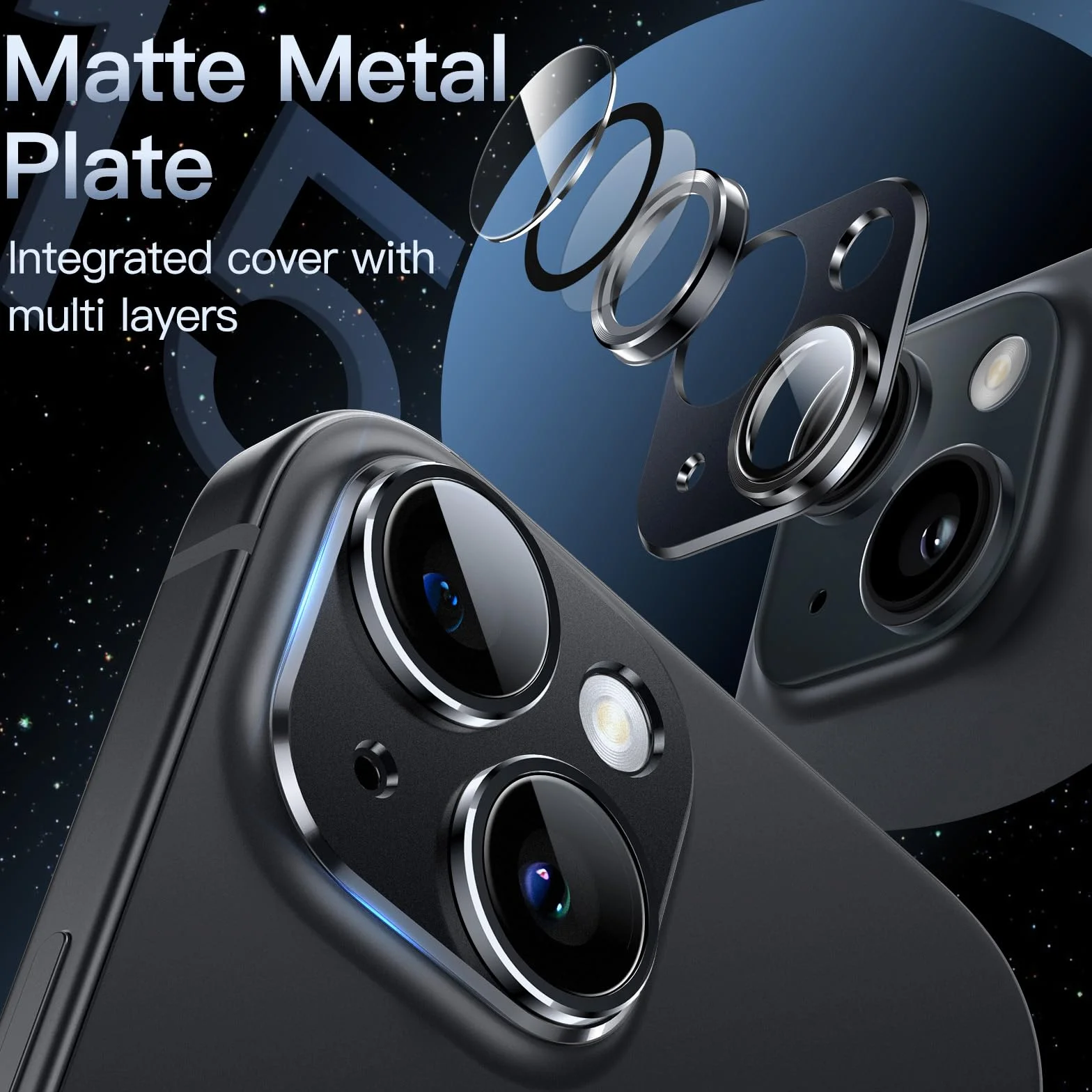 JETech Osłona Obiektywu Aparatu dla iPhone 15 6,1 Cala i iPhone 15 Plus 6,7 Cala, Pełne Pokrycie ze Szkło Hartowane 9H Pierścienia Osłona, Matowe Metalowa Płytka, 1 Sztuki (Północ)