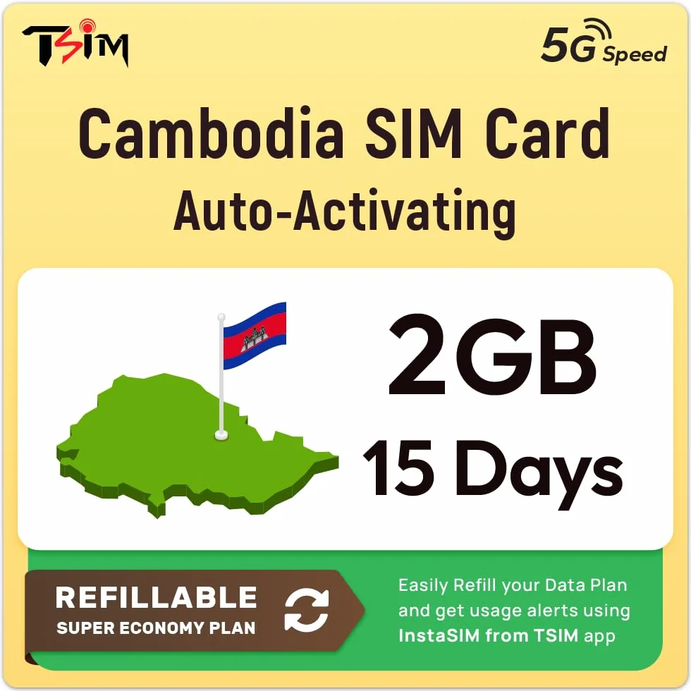 Cambodia karta SIM | 2 GB Super Economy taryfa doładowania! Automatyczna aktywacja, ważność przez 15 dni | prędkość 5G + hotspot | Tylko dane, brak numeru telefonu