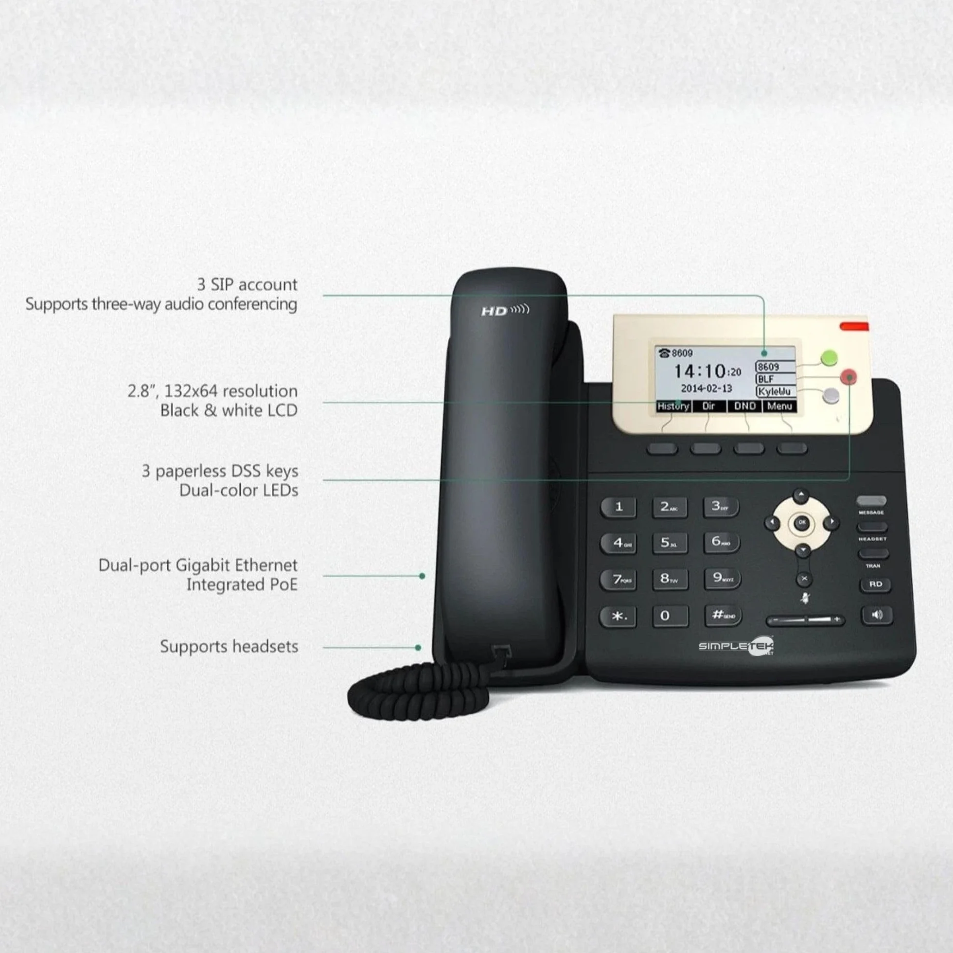 SIMPLETEK - Profesjonalny telefon IP VoIP PoE | 3 konta SIP, Audio HD, 2 x Gigabit Ethernet, podświetlany wyświetlacz (odnowiony)