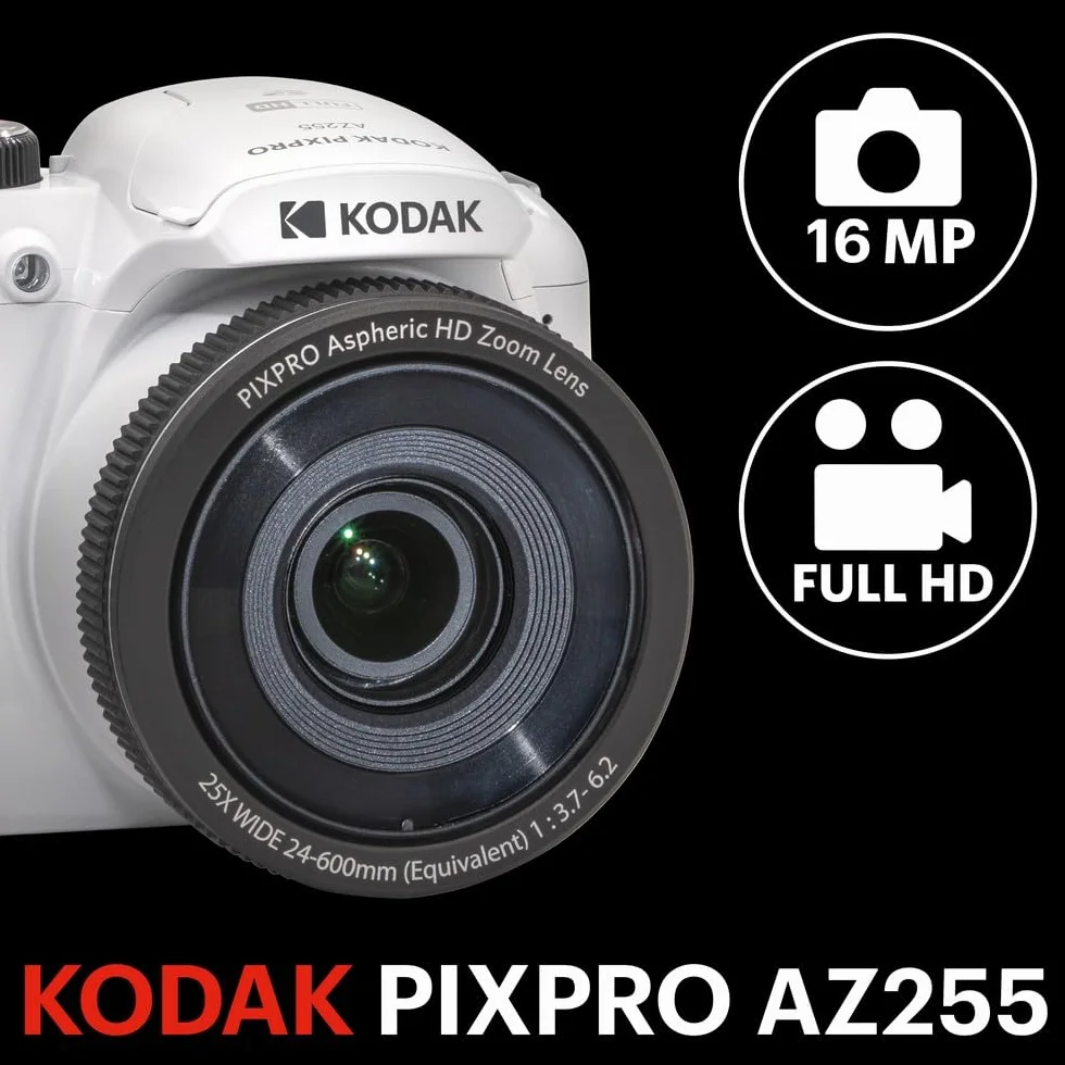 Kodak Pixpro AZ255 Aparat mostkowy 16 MP, 25-krotny zoom optyczny, Full HD 1080p, szeroki kąt 24 mm, stabilizator, 3-calowy wyświetlacz LCD, etui w zestawie - idealne do podróży - czerwony