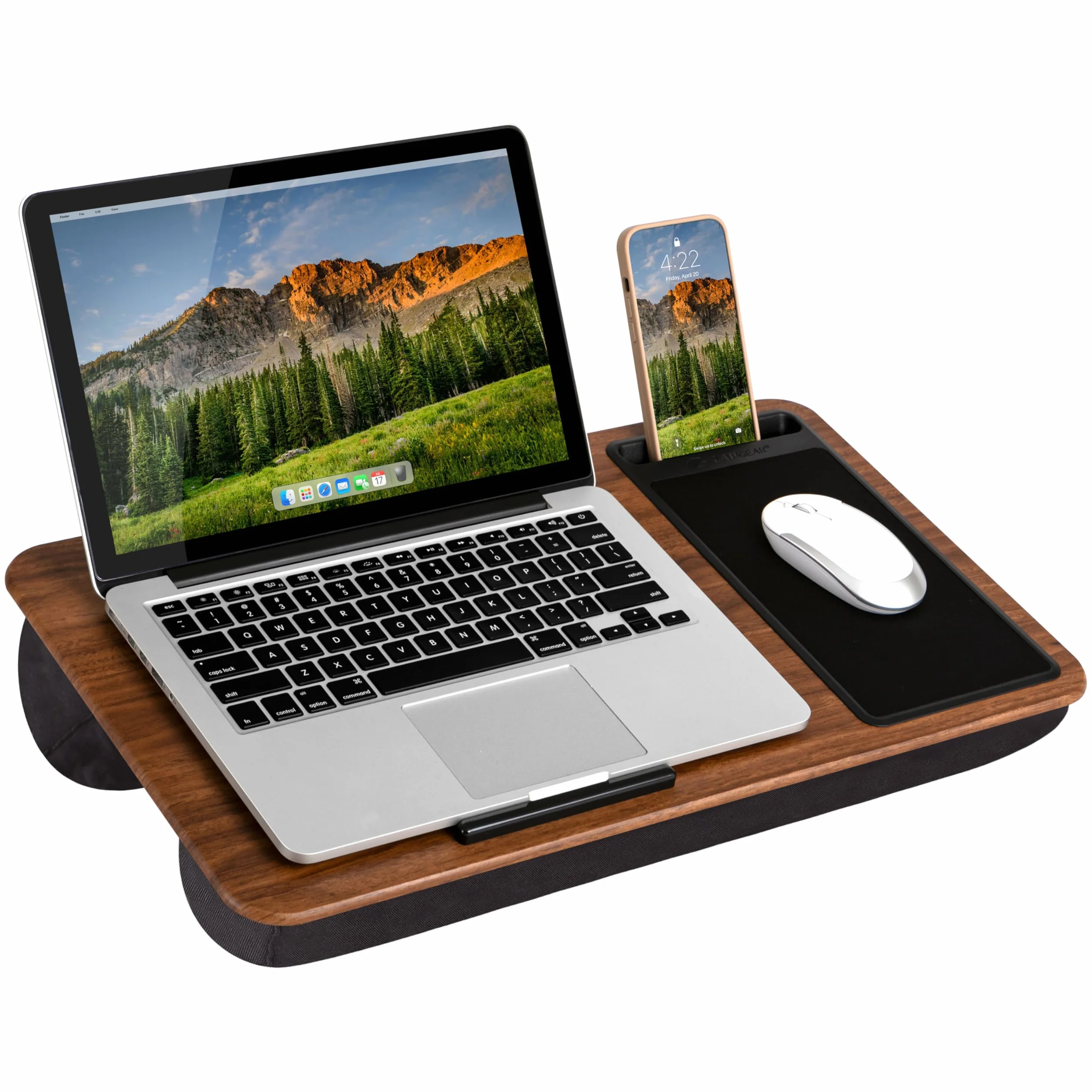 LAPGEAR Biurko na kolana do domowego biura z osłoną urządzenia, podkładką pod mysz i uchwytem na telefon, słoje drewna espresso, pasuje do laptopów o przekątnej ekranu do 15,6", styl nr 91575