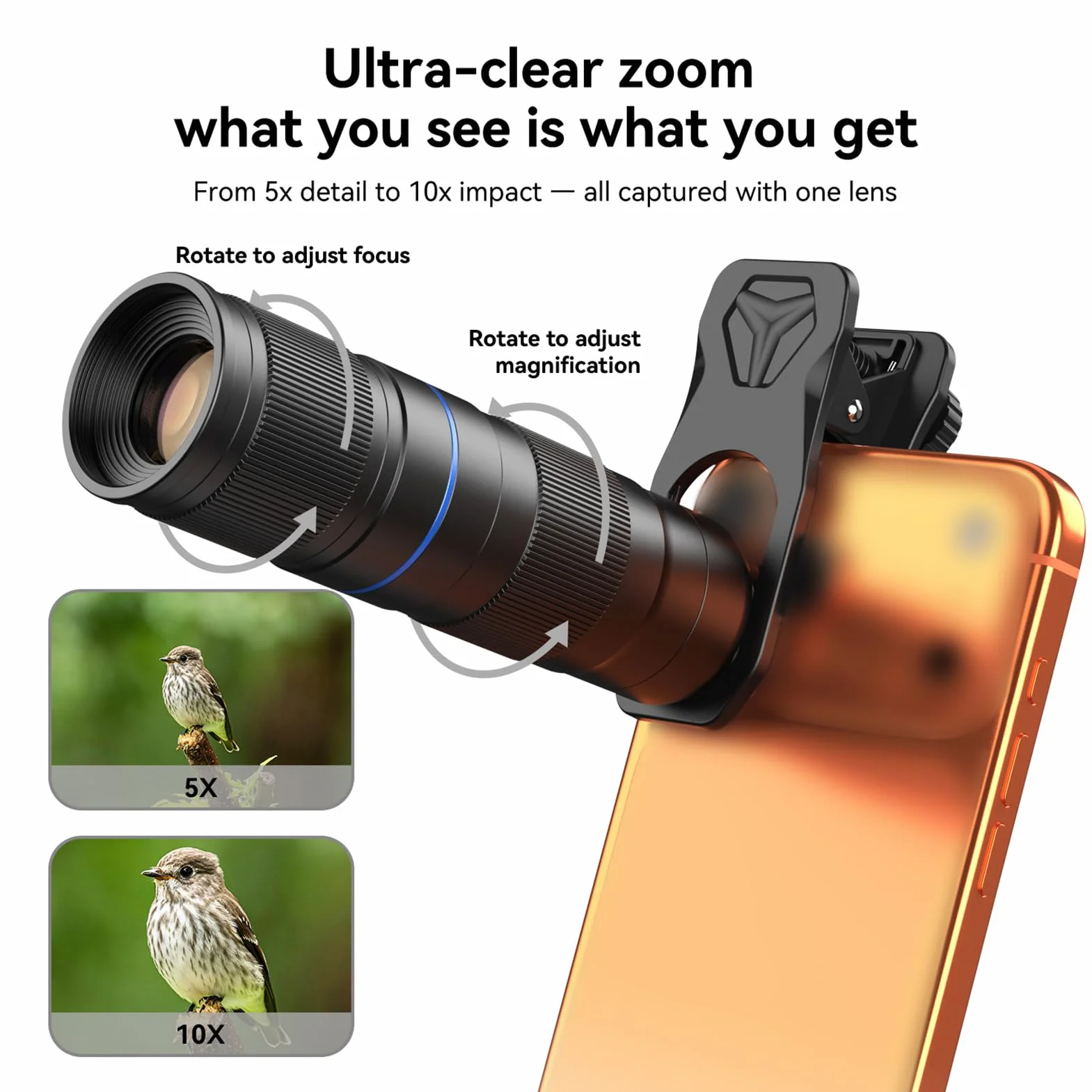 Cuifati Teleobiektyw Telefoniczny 5-10X, Uniwersalny, Przypinany Zoom Optyczny do Fotografowania Dalekiego Zasięgu, Podróże Sportowe