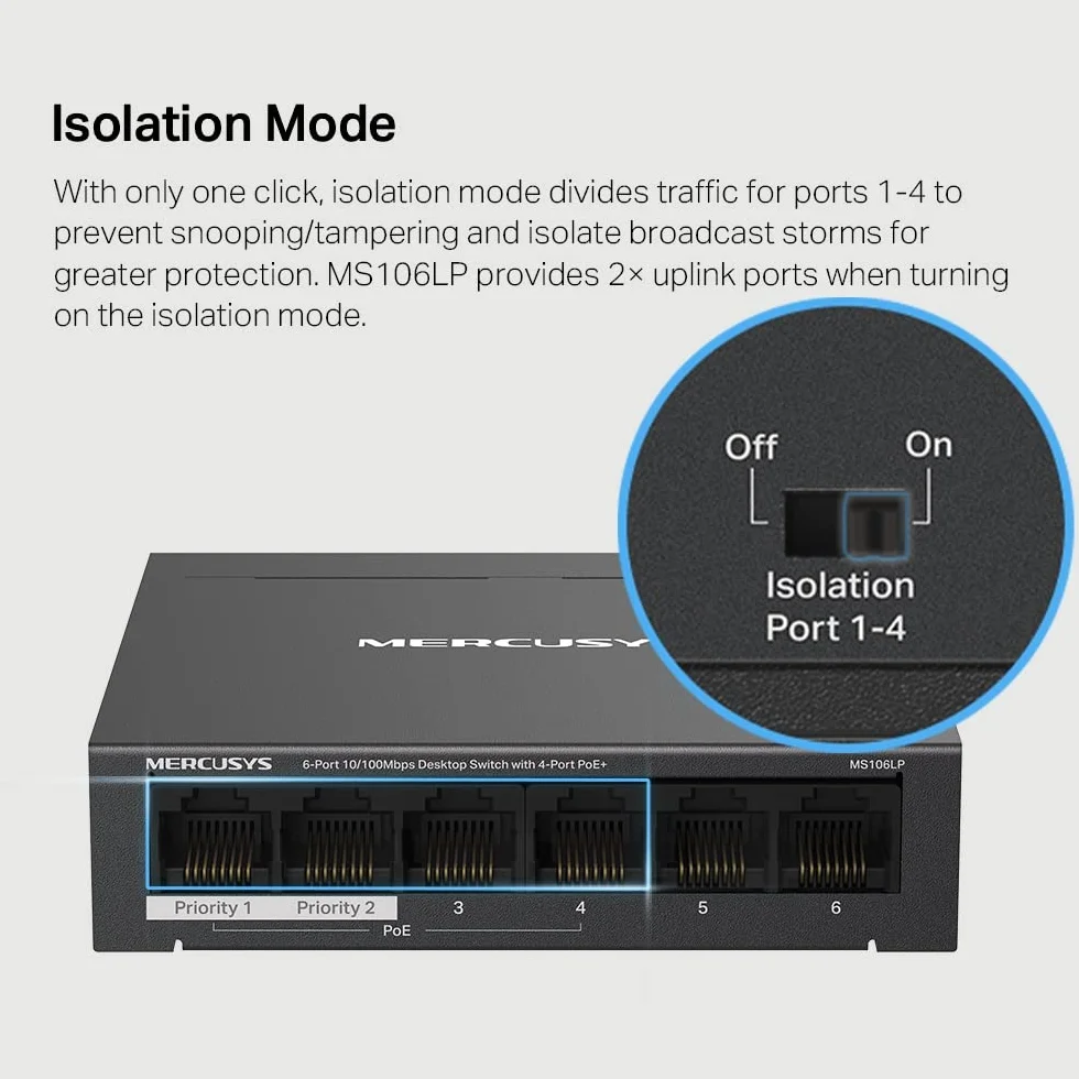 MERCUSYS MS106LP TP-Link Switch PoE 6 portów Ethernet, 40 W dla wszystkich portów PoE, 4 porty PoE+ 30W 802.3af/at, przełącznik Ethernet, przełącznik RJ45, metalowa obudowa, listwa zasilająca