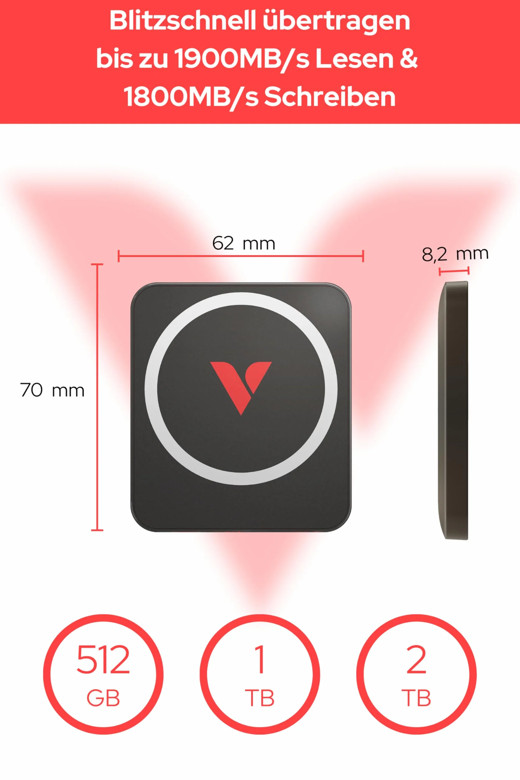Verbatim Snapback SSD 512 GB, zewnętrzny dysk SSD, USB 3.2 Gen 2 x 2, odczyt do 1900 MB/s i zapis 1800 MB/s, przenośny zewnętrzny dysk twardy z kablem USB C 20 cm, do iPhone, Android, PC i Mac, Mocha