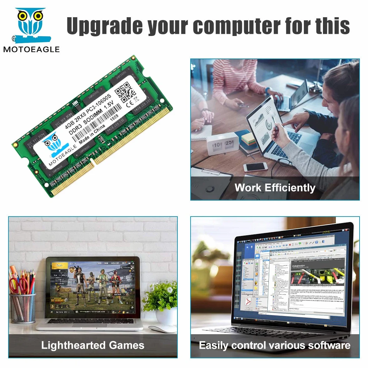 Motoeagle Pamięć operacyjna do notebooka, DDR3 1333, zestaw 8 GB (2 x 4 GB), PC3, 10600, 10600S, 4 GB, SODIMM, 204-stykowa, niebuforowana, bez ECC, 1,5 V, CL9, 2Rx8 Dual Rank