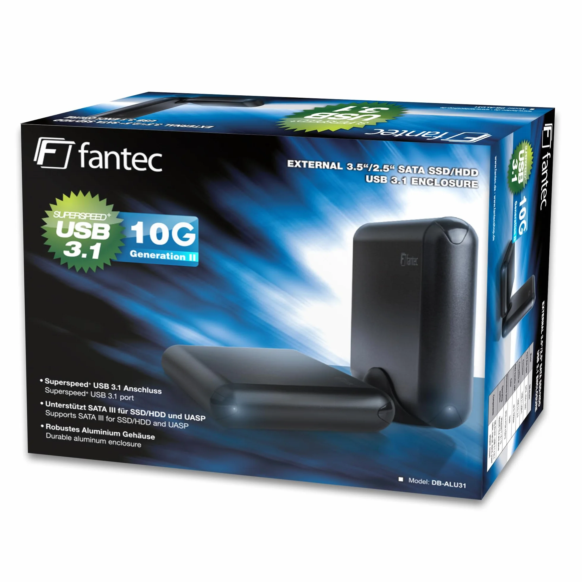 FANTEC 1973 DB-ALU31 Zewnętrzna obudowa dysku twardego (do montażu 3,5 cala i 2,5 cala SATA SATA I/II/III HDD i SSD. Z USB 3.1 Typ-C SUPERSPEED+ złącze 10G, czarny