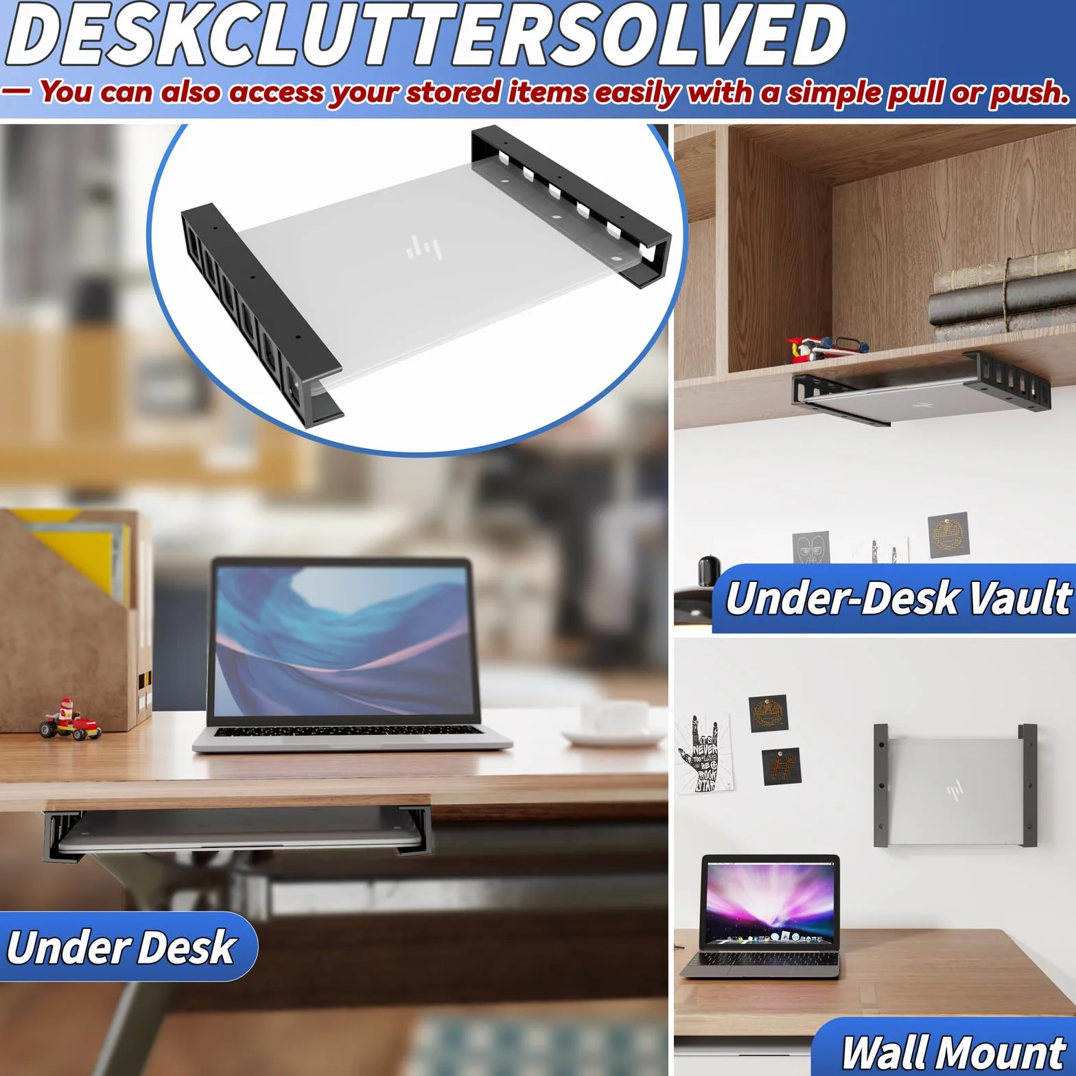 sciuU Uchwyt pod biurkiem/mocowanie na ścianie, wielofunkcyjne przechowywanie dla laptopów, tabletów, klawiatur, modemów, dekoderów TV, urządzeń do przesyłania strumieniowego, oszczędność miejsca na