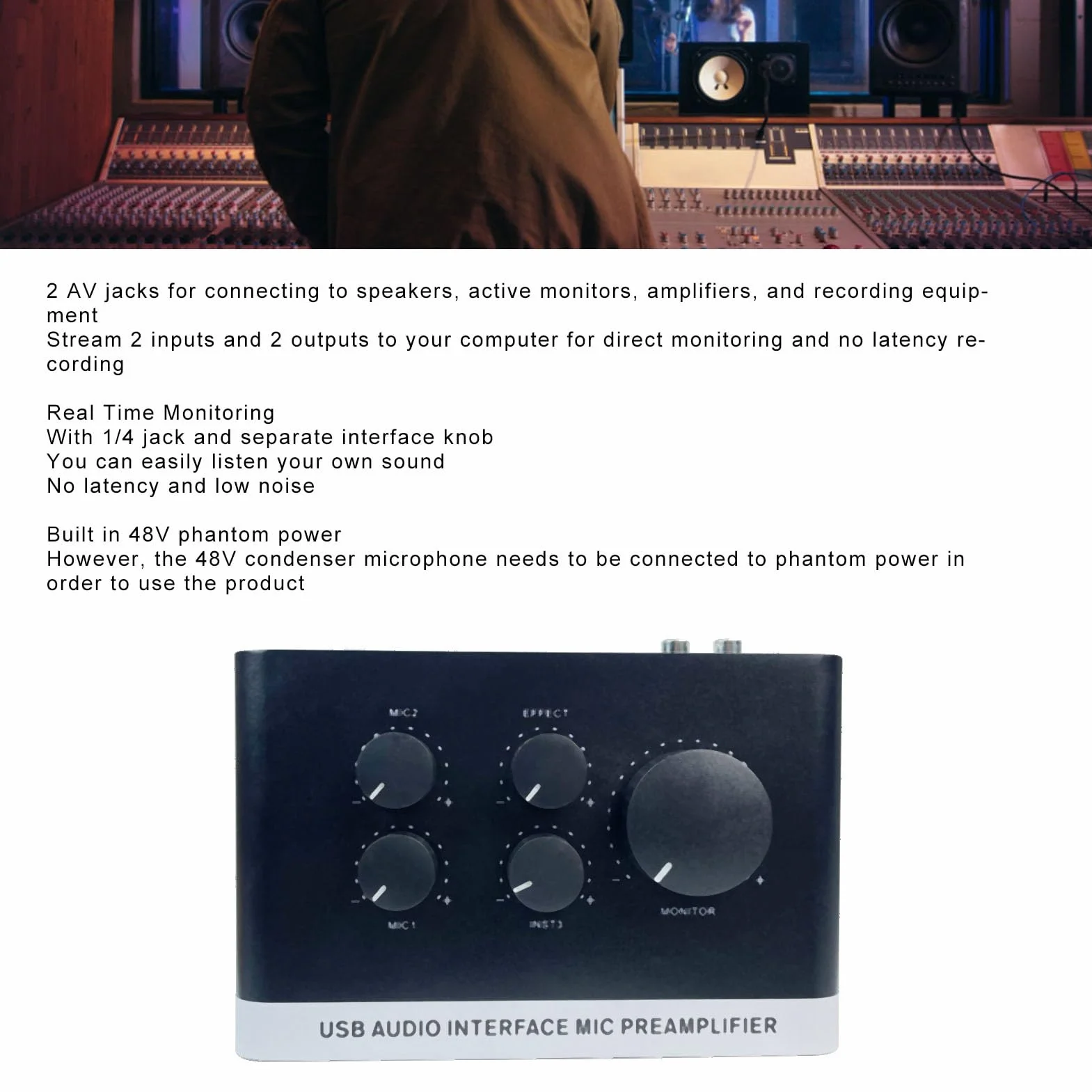 Interfejs Dźwiękowy USB z 48vPower, Profesjonalny Przedwzmacniacz Miksera Dźwiękowego, XLR i 1/4 Cala na PC i Podcasting