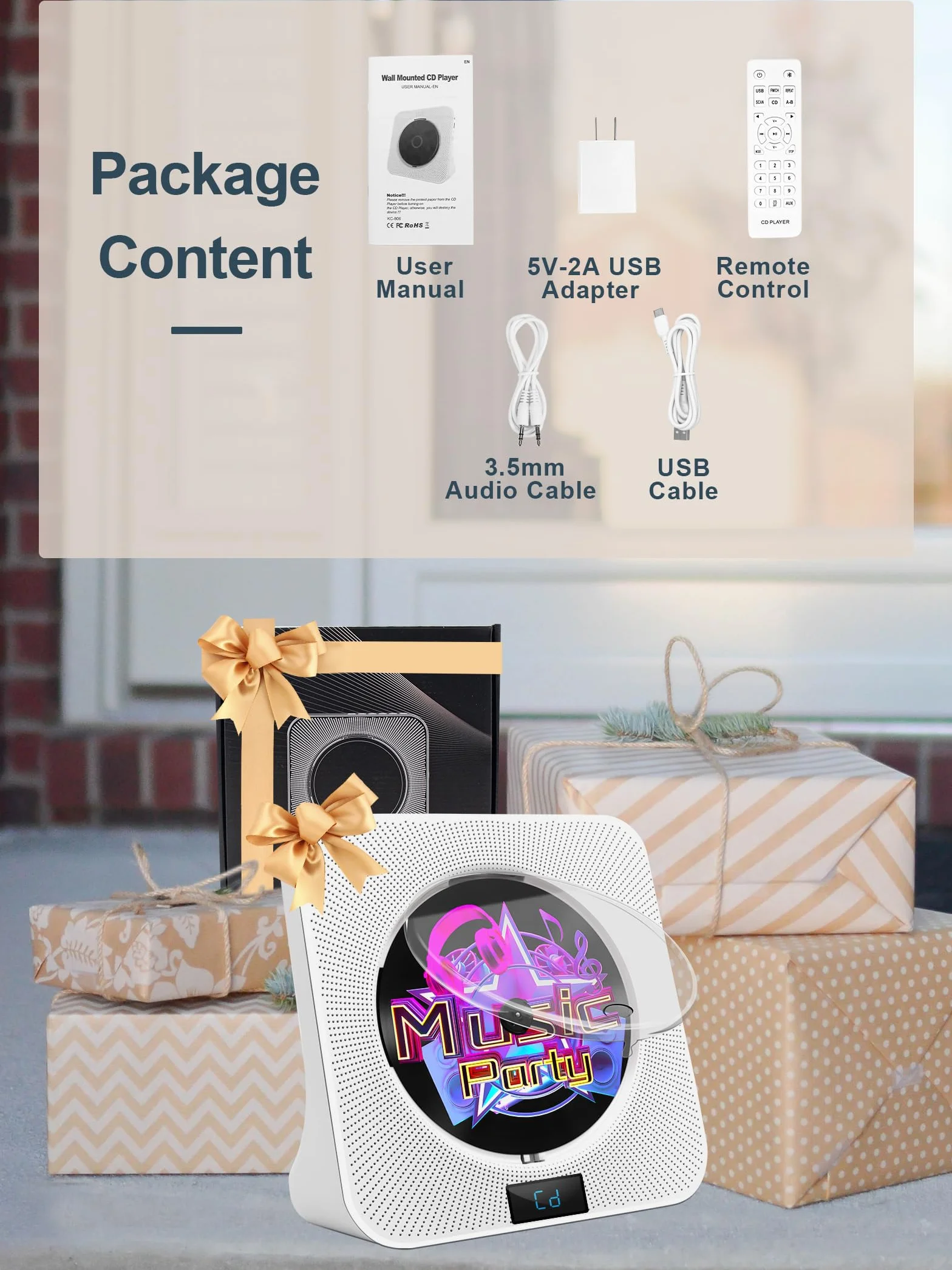 Przenośny odtwarzacz CD Jimwey z głośnikami HiFi, radio FM, pilot zdalnego sterowania, ekran LED, obsługa płyt CD/Bluetooth/USB/AUX, biały odtwarzacz CD na prezent