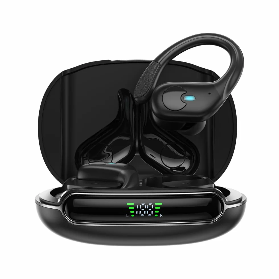 E1 Open Ear, słuchawki bezprzewodowe douszne z mikrofonem, Bluetooth, zaczepy, 54 godzin odtwarzania, szybkie ładowanie, wodoodporność IPX5, z etui, czarne